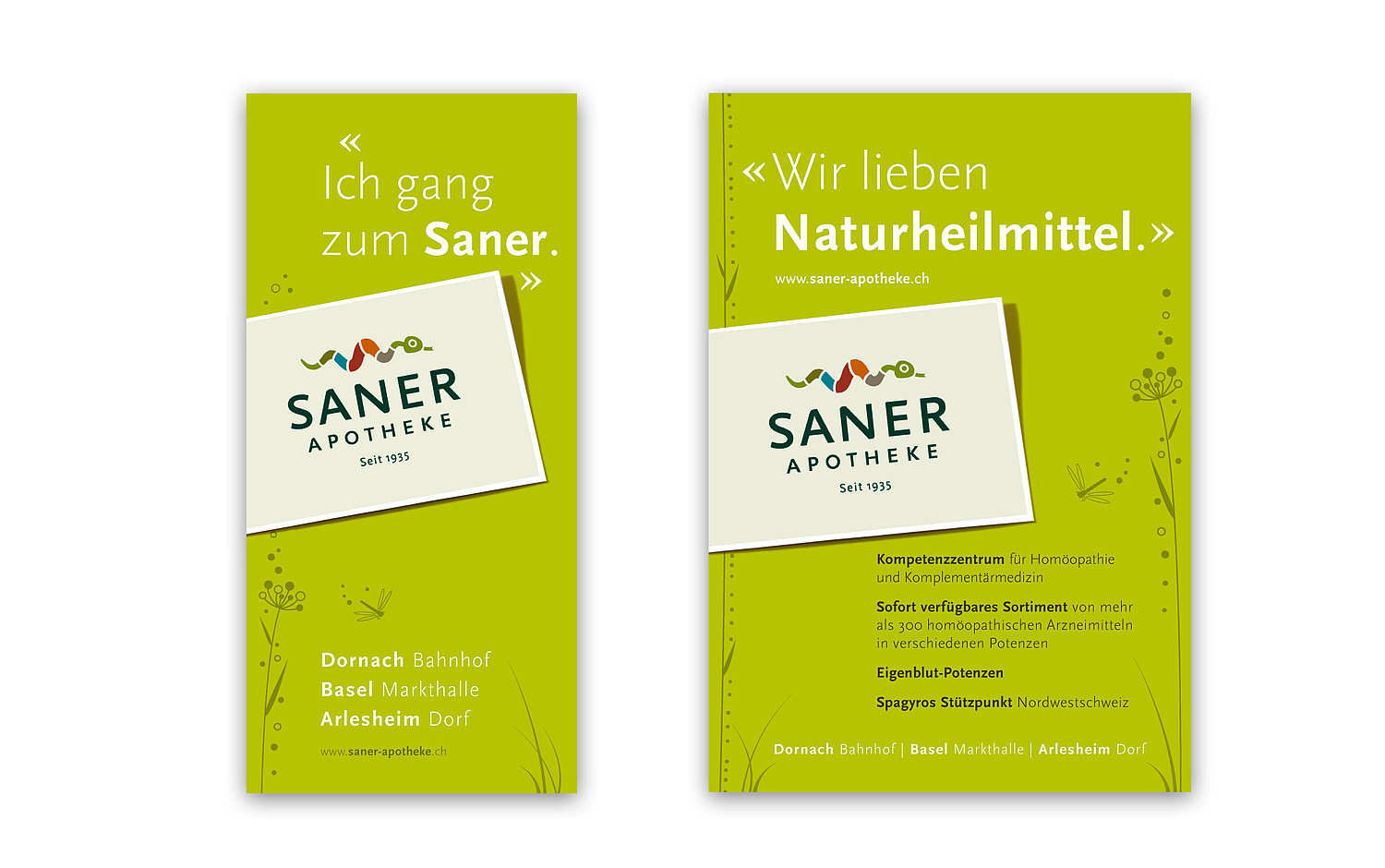Anzeige in DIN lang hoch und A4-Format mit Hintergrund grün, Grafikelement Wiese, Logo auf Schild stehend, erklärenden Text (© Papenfuss | Atelier)