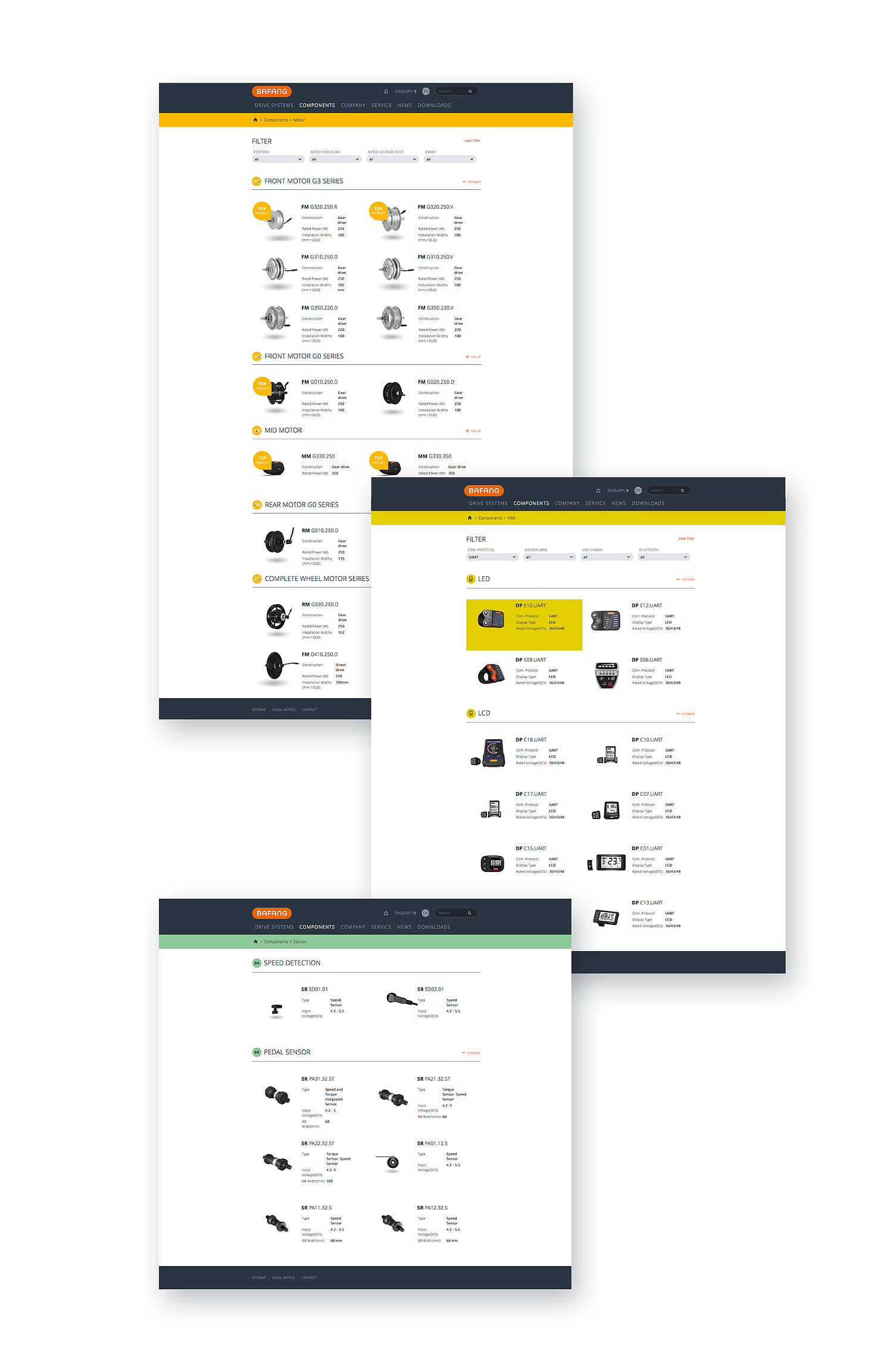 BAFANG – Responsive Webdesign – Produktseiten Komplette Ansicht für die Produktseiten Motor, HMI und Sensor mit Hauptmenü, Produkte fortlaufend und Footer. (© Papenfuss | Atelier)