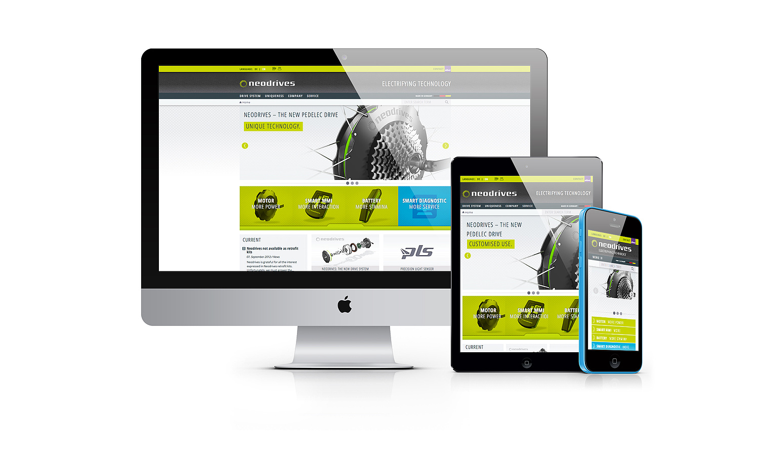 Responsive Website – Webdesign und Web-Entwicklung Das Bild zeigt drei Responsive-Bildschirmansichten von neodrives.com (für alber, 2011) (© Papenfuss | Atelier)