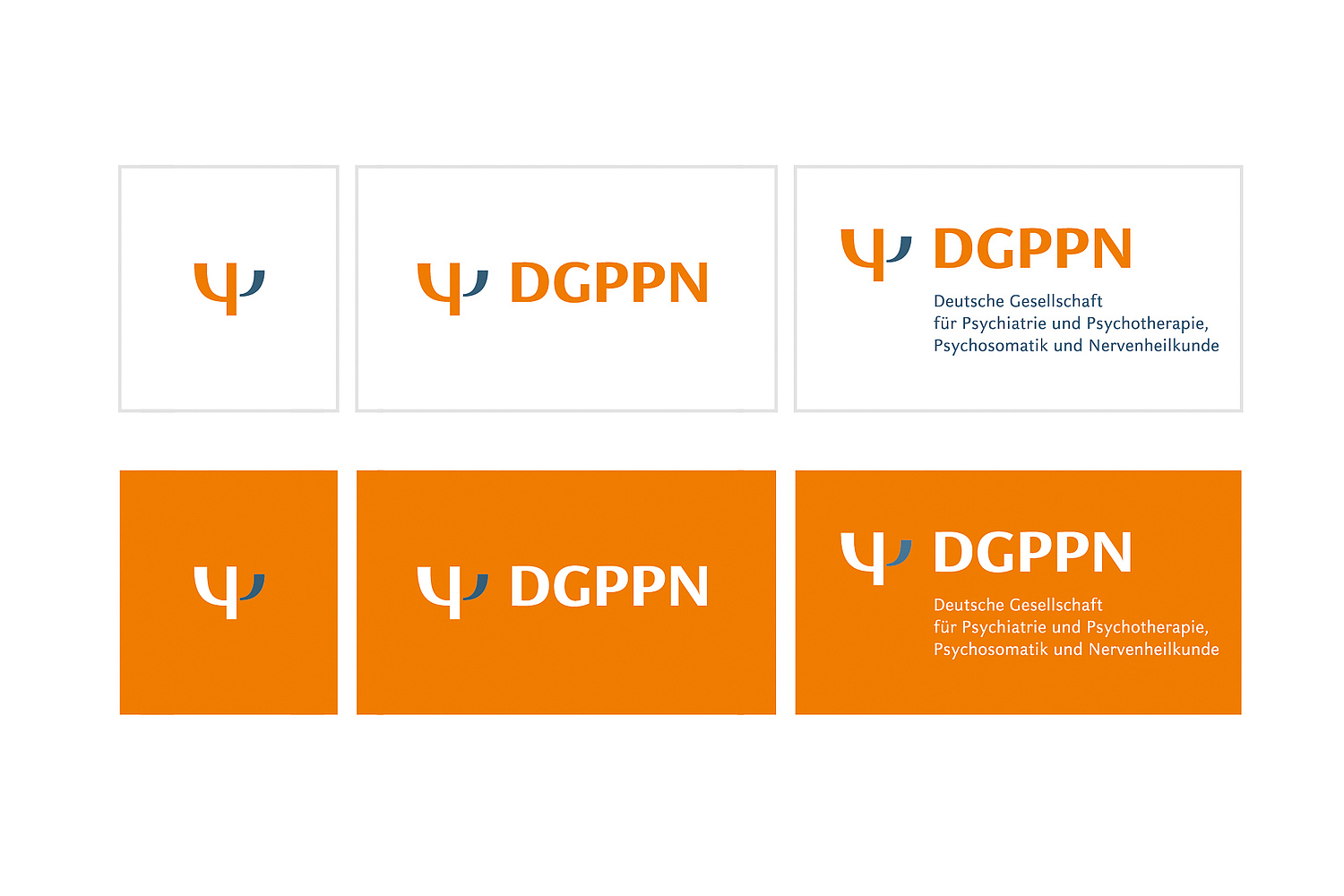 Das Bild zeigt sechs Anwendungsvarianten für das Logo der DGPPN (für die Deutsche Gesellschaft für Psychiatrie und Psychotherapie, Psychosomatik und Nervenheilkunde (DGPPN), 2012) (© Papenfuss | Atelier)