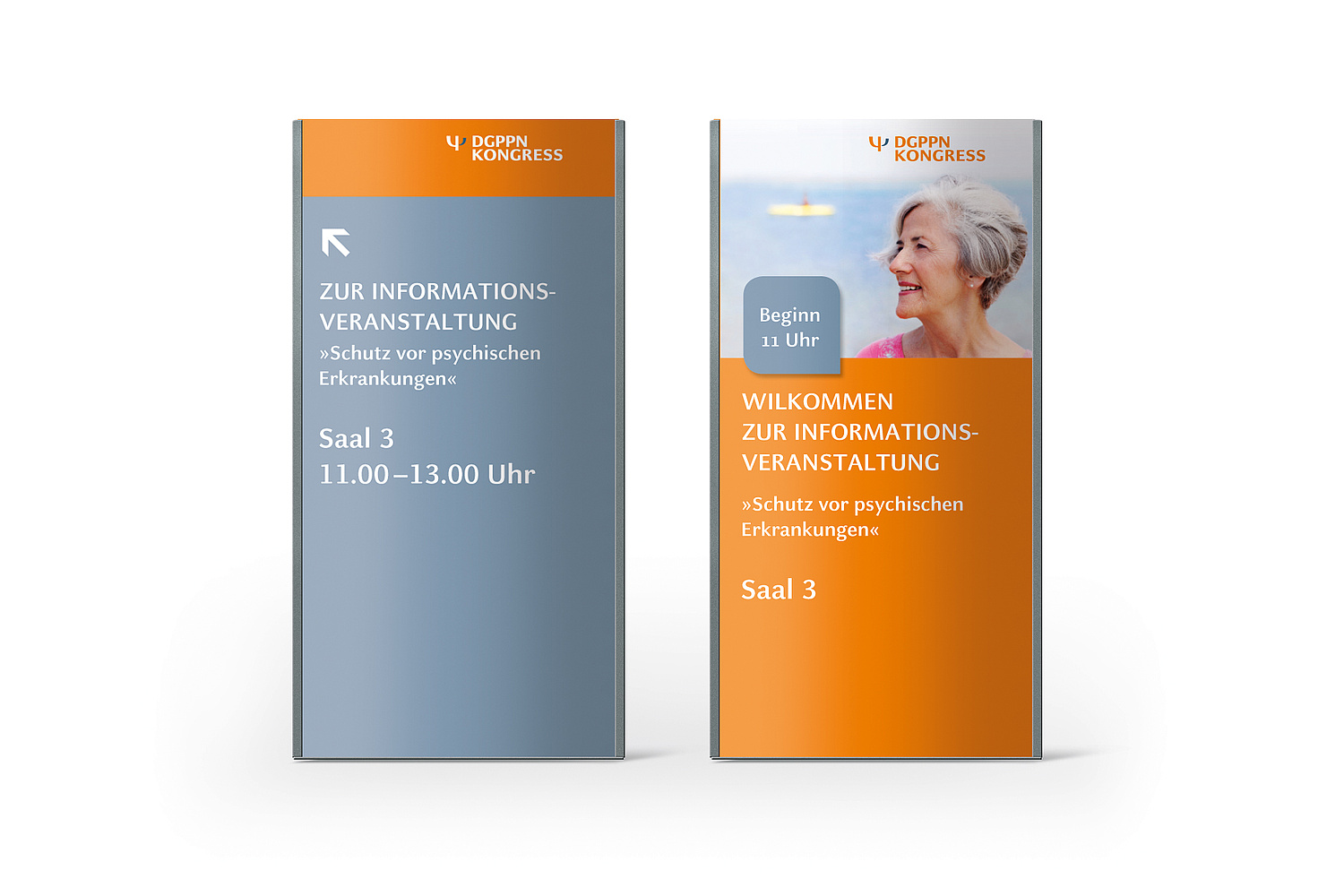 DGPPN Kongress Beschilderung Stelen Das Bild zeigt 2 Wegweiser-Stelen für den DGPPN-Kongress (für die Deutsche Gesellschaft für Psychiatrie und Psychotherapie, Psychosomatik und Nervenheilkunde (DGPPN), 2013) (© Papenfuss | Atelier)