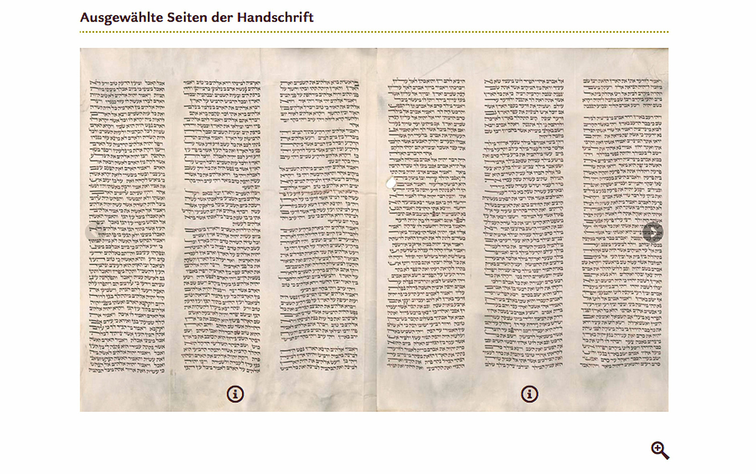 Das Bild zeigt einen Ausschnitt der Webseite, auf der ein Teil einer Torarolle innerhalb eines Blättermoduls zu sehen ist. (für Netzwerk Jüdishes Leben) (© Papenfuss | Atelier)