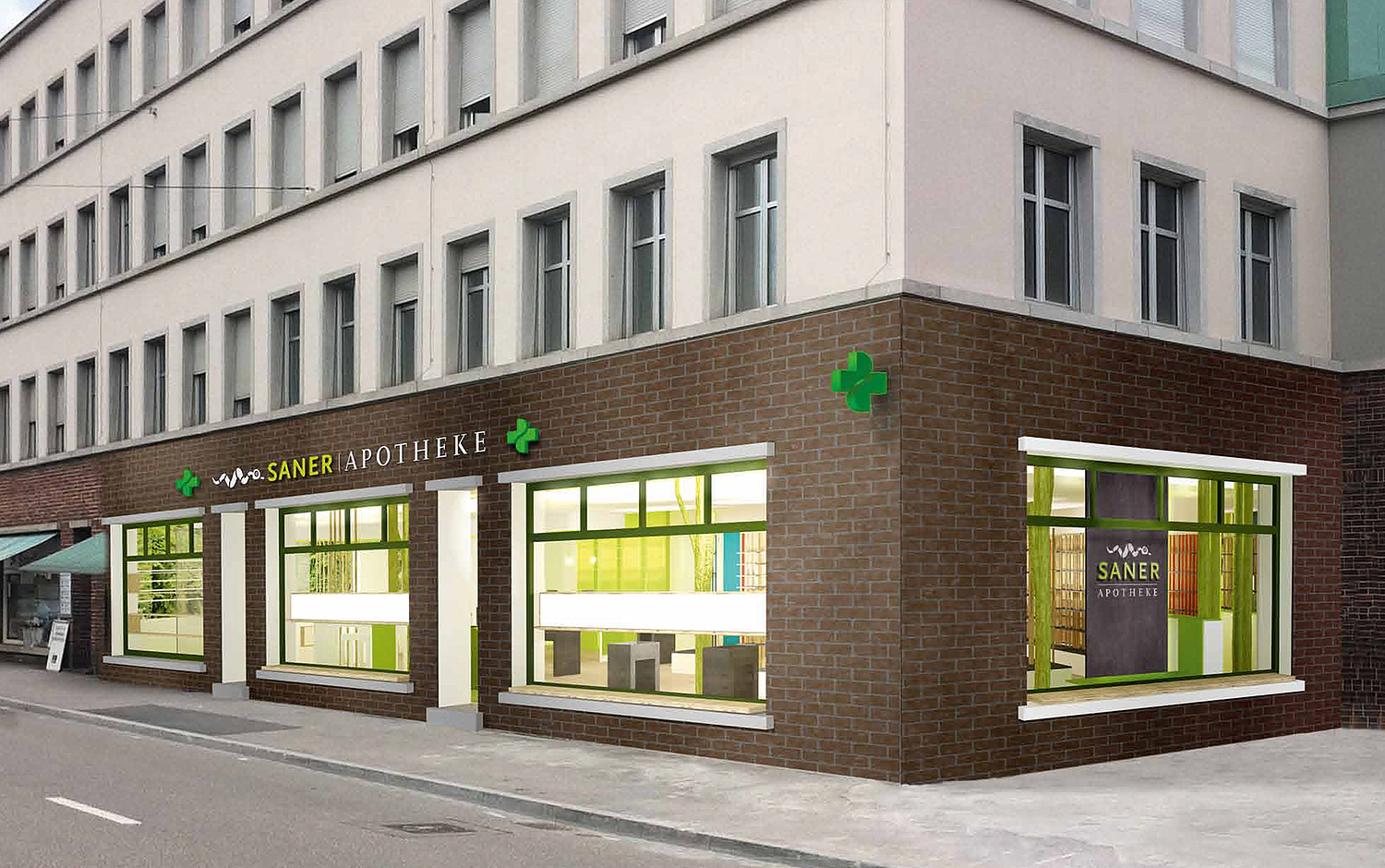 Innenarchitektur Saner Apotheke Rendering für ein Außenansicht mit offenen Fenstern für den Blick nach innen (© Papenfuss | Atelier)