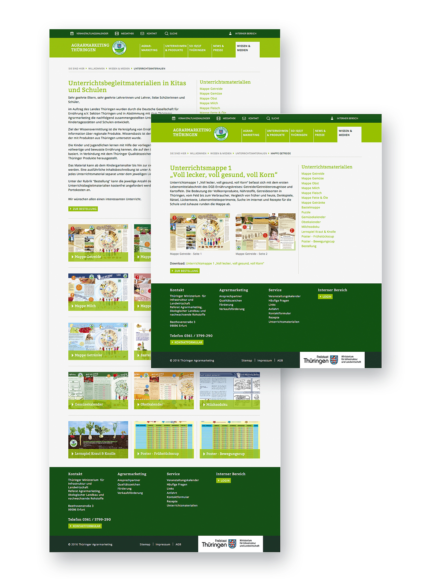 Das Bild zeigt Übersichts- und Einzelseite für die Darstellung der angebotenen Unterrichtsmaterialien (für Thüringer Agrarmarketing, 2015)
 (© Papenfuss | Atelier)