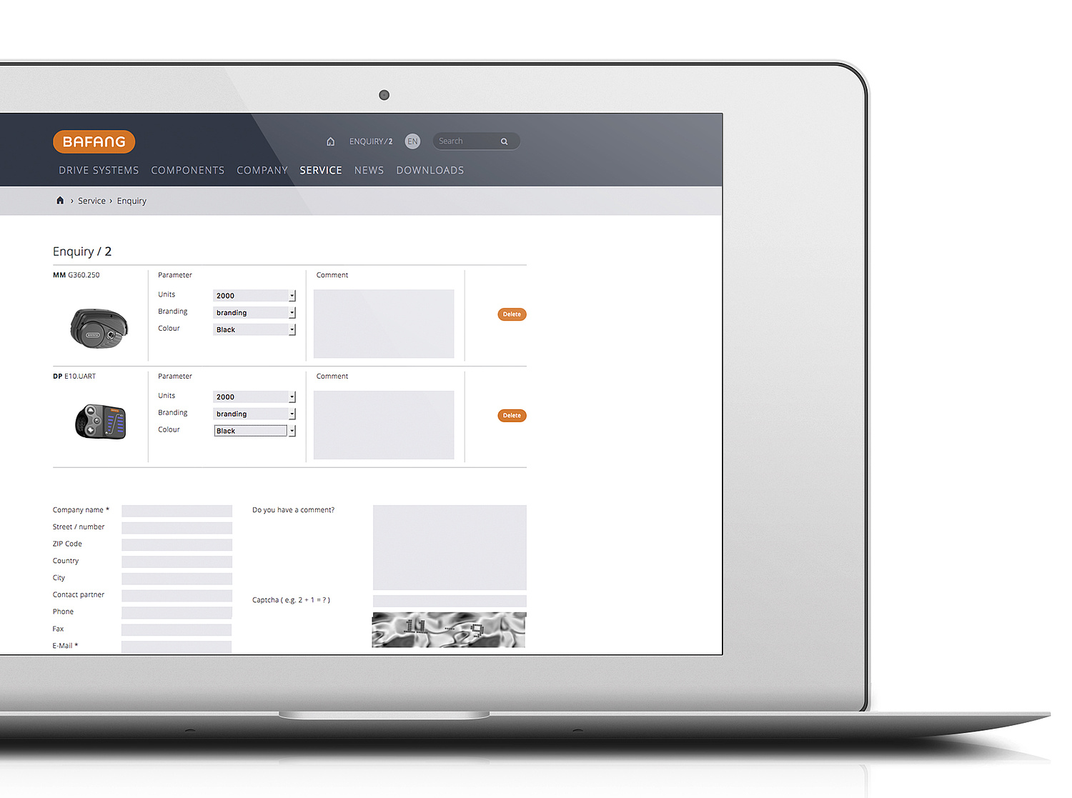 BAFANG – Responsive Website – Modul Kontaktformular und Anfrage Detailansicht zum Modul Anfrage mit zwei Produkten im Warenkorb und Kontaktformular (© Papenfuss | Atelier)