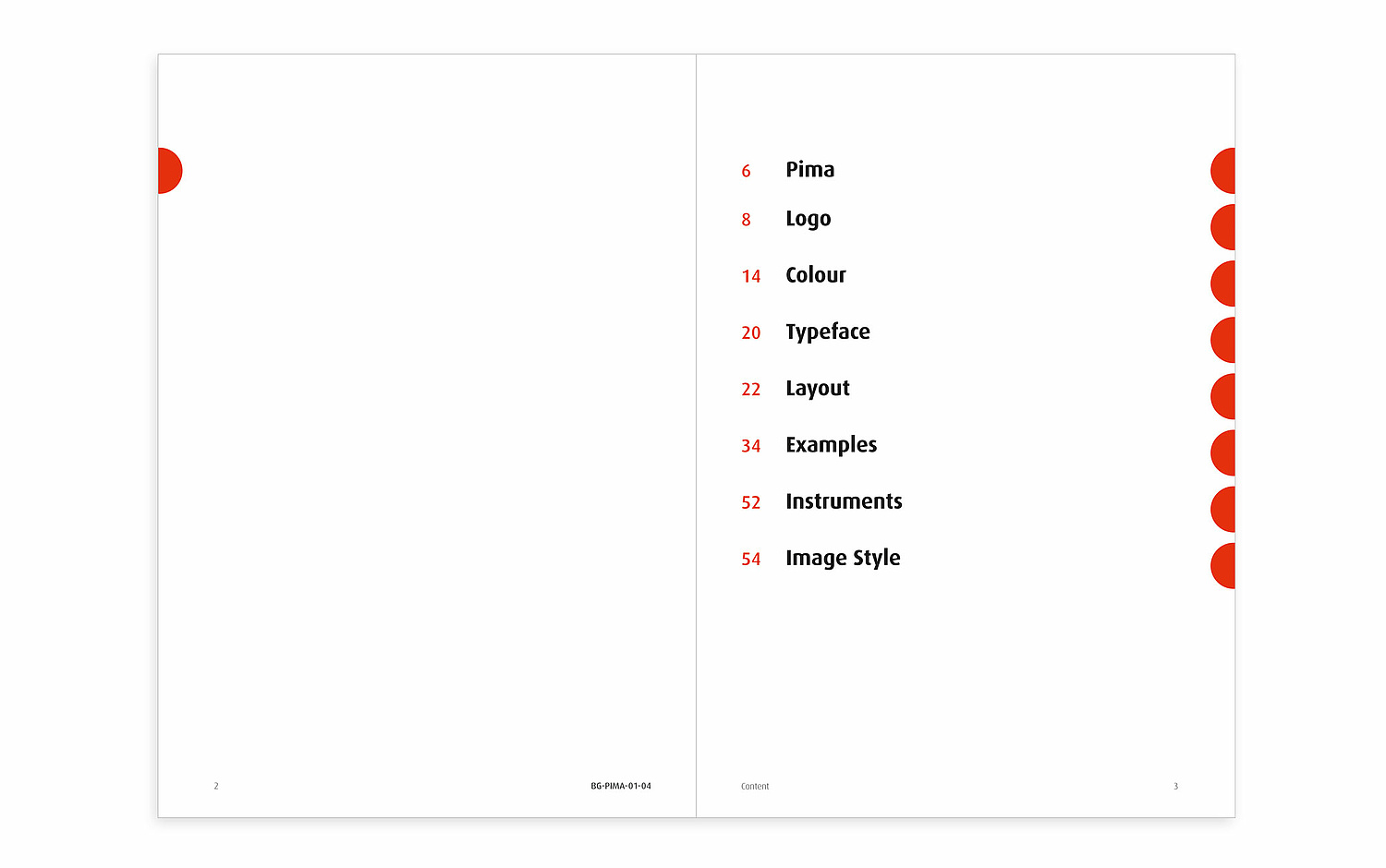 Das Bild zeigt das Inhaltsverzeichnis des Design-Manuals für das Coporate Design für Pima (für Alere, 2009. (© Papenfuss | Atelier)
