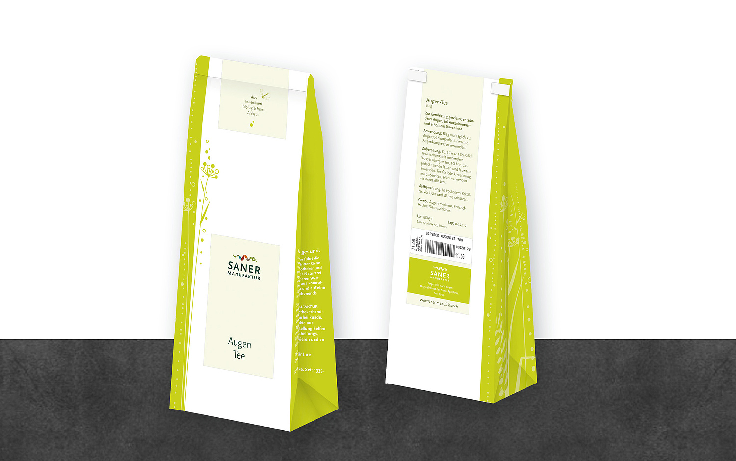 Teeverpackung mit Ansicht auf Vorder und Rückseite mit weißen Untergrund, grüner Streifen links mit Grafikelementen, Logo in 4-farbig oben stehend auf weiß (© Papenfuss | Atelier)