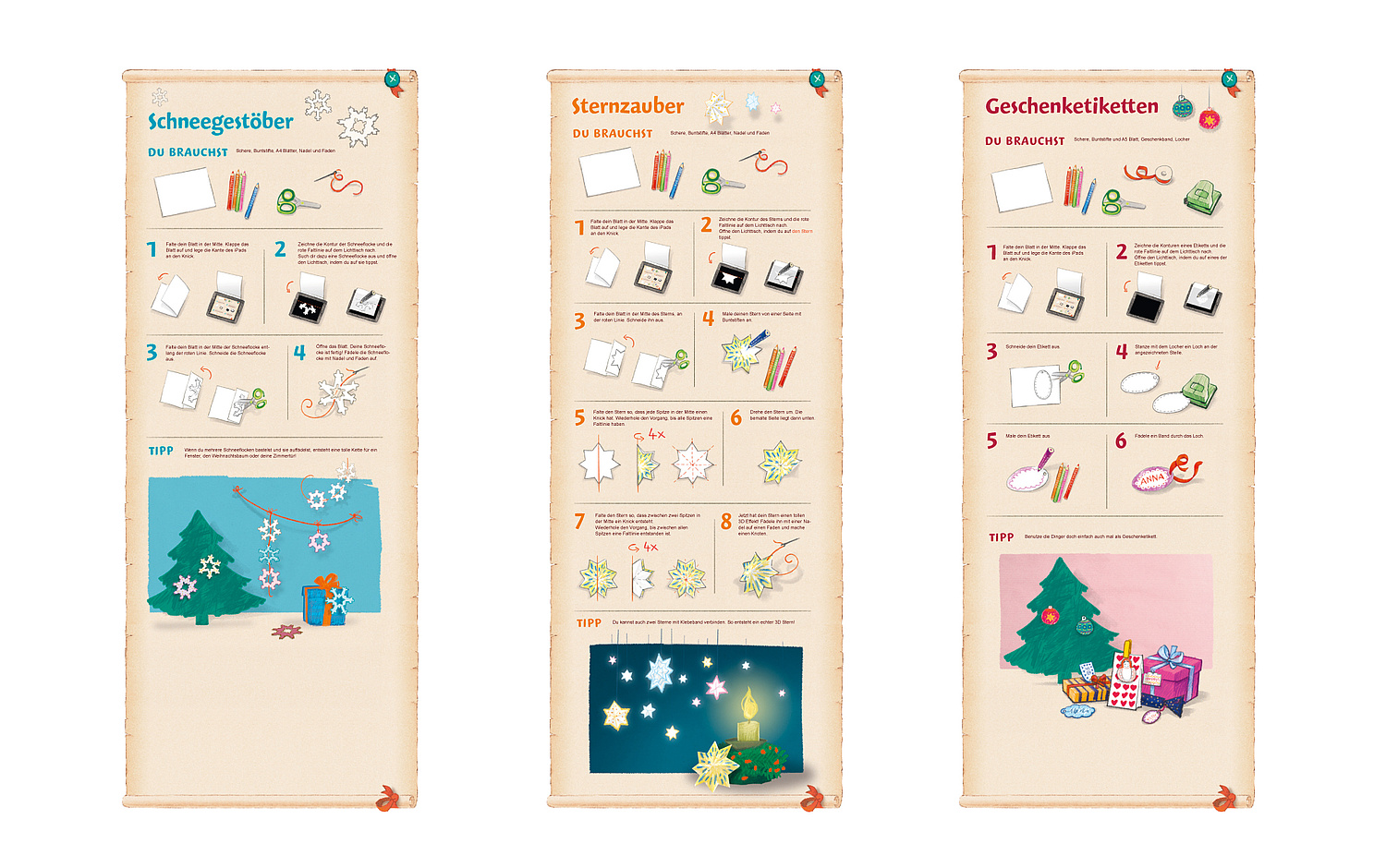 Faber-Castell – Appentwicklung Advent Castle – Bastelanleitung komplett Das Bild zeigt Bastelanleitungen zur App Advent Castle (für Faber-Castell, 2013). (© Papenfuss | Atelier)