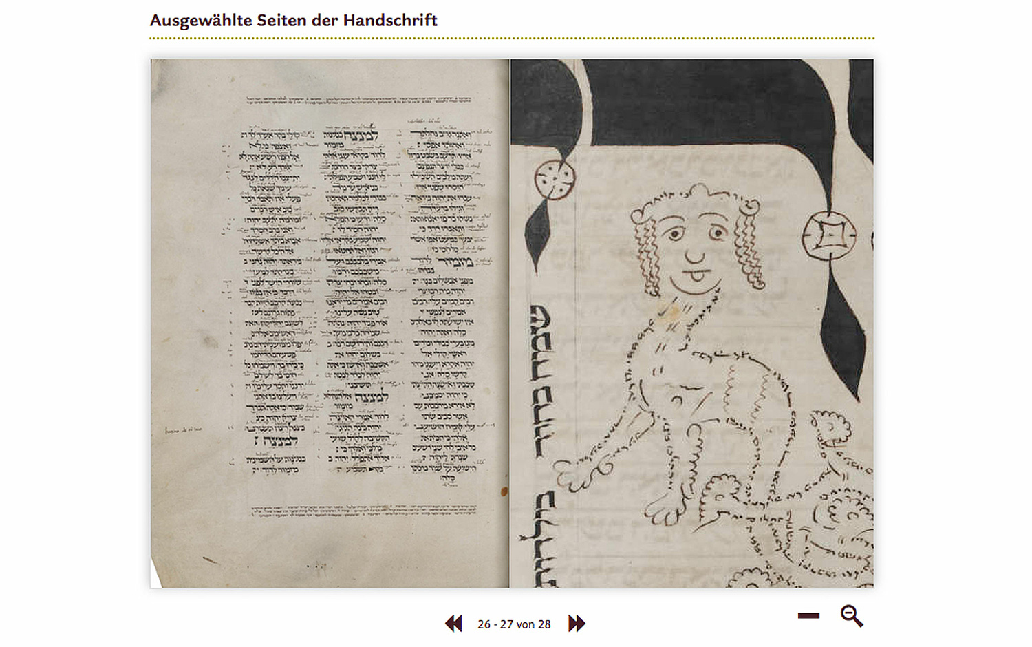 Das Bild zeigt einen Ausschnitt der Webseite, auf der 2 Seiten einer Hebräischen Handschrift innerhalb eines Blättermoduls zu sehen sind. Die Zoomfunktion wurde aktiviert und man sieht die rechte Seite stark vergrößert. (für Netzwerk Jüdisches Leben) (© Papenfuss | Atelier)