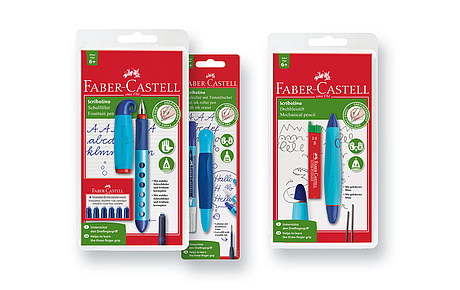 Das Bild zeigt die Scribolino Produktverpackungen für Schulfüller, Tintenroller und Drehbleistift (für Faber-Castell, 2012/2013).