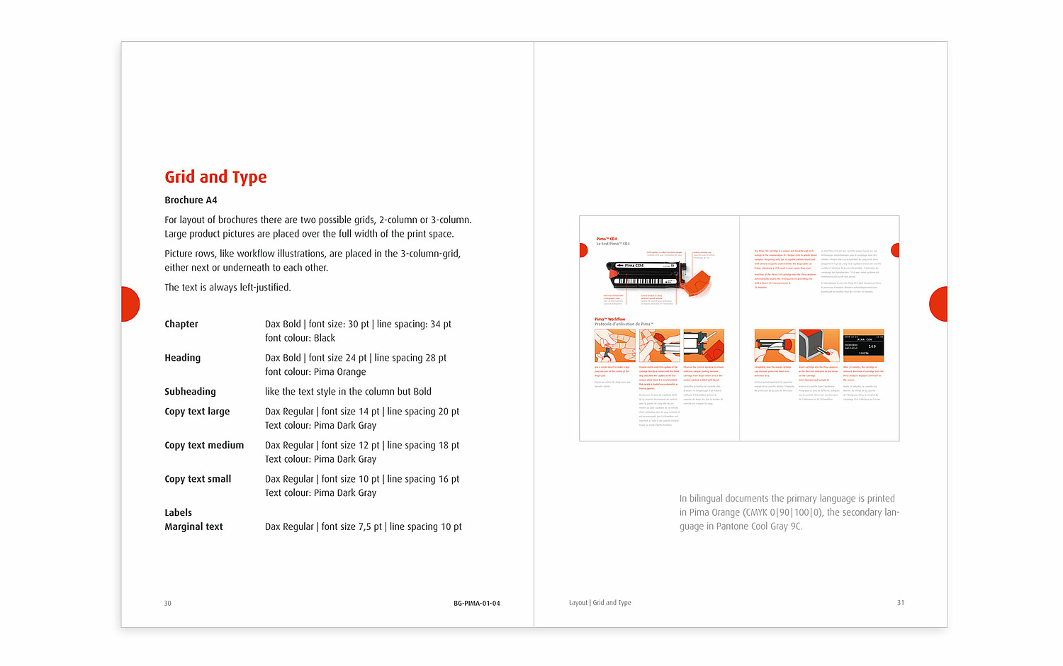 Das Bild zeigt Seiten aus dem Design-Manual für das Coporate Design von Pima (für Alere, 2009). (© Papenfuss | Atelier)
