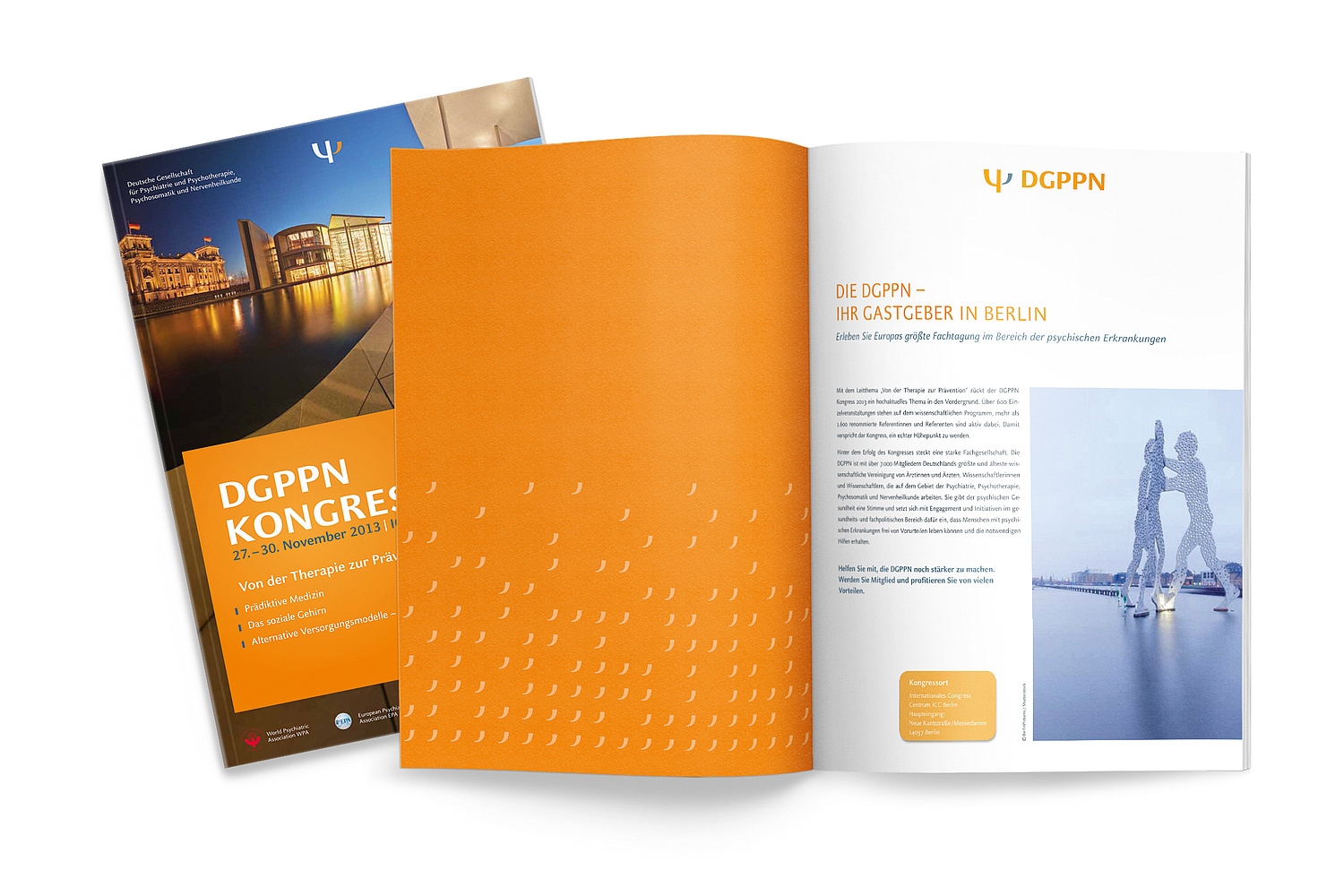 DGPPN – Kommunikationsdesign – Einladungsprogramm Das Bild zeigt das Einladungsprogramm zum DGPPN-Kongress mit Titel und erster Doppelseite (für die Deutsche Gesellschaft für Psychiatrie und Psychotherapie, Psychosomatik und Nervenheilkunde (DGPPN), 2013) (© Papenfuss | Atelier)