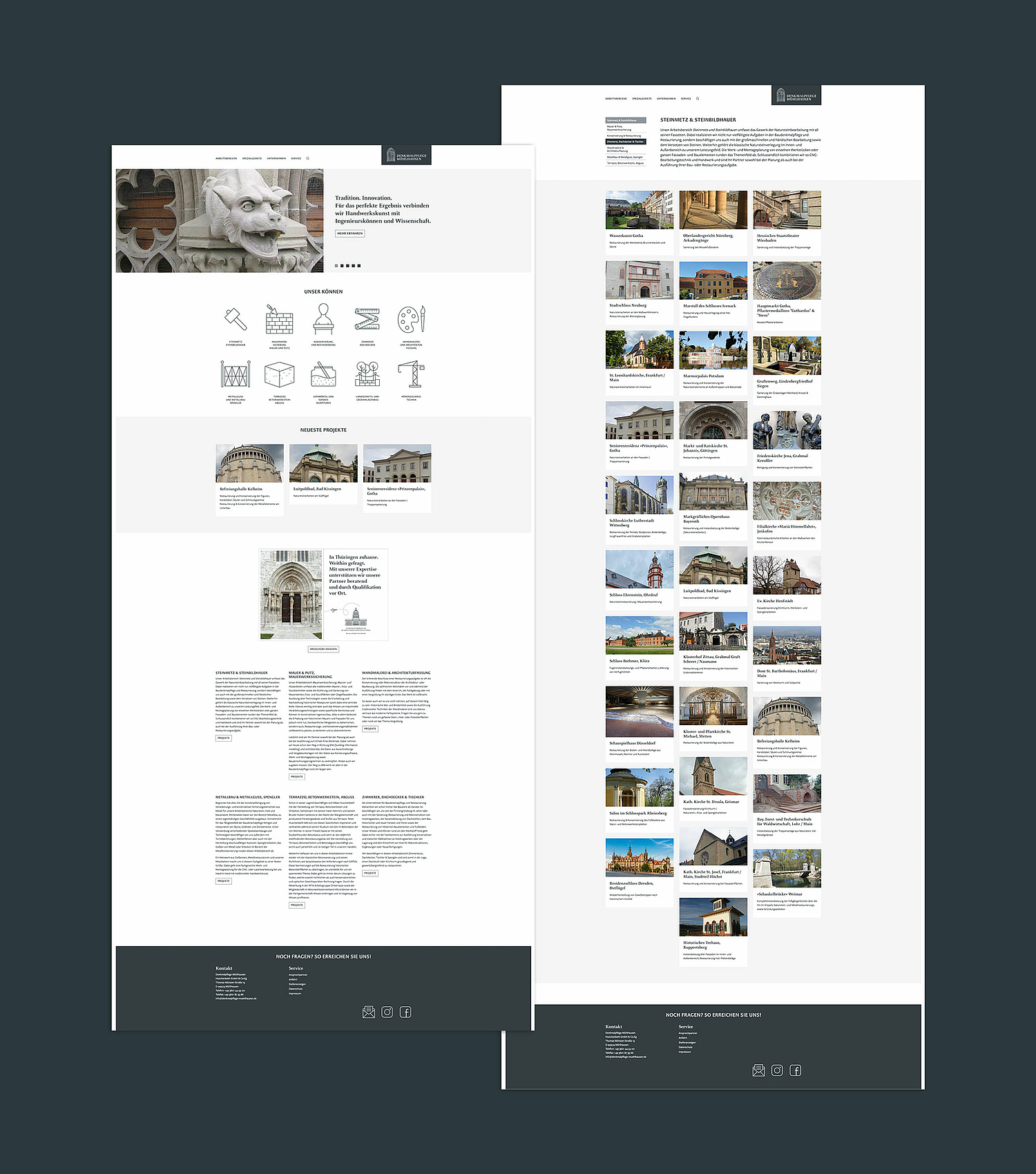 Webdesign Denkmalpflege Mühlhausen – Seitenansichten Zwei Ansichen der Landingpage und Bereichsstartseite (© Papenfuss | Atelier)