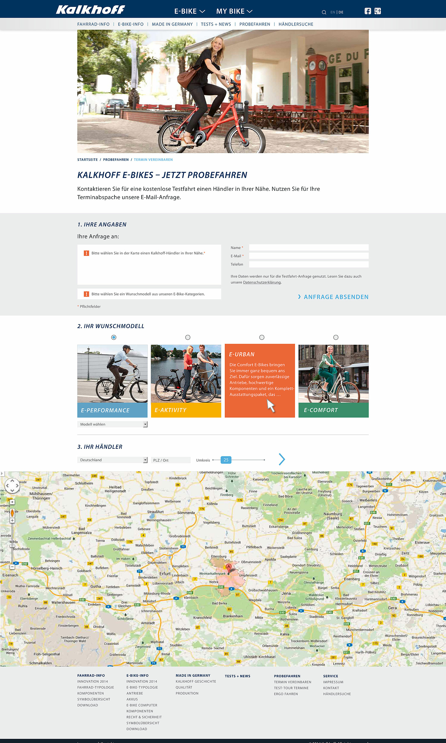 Termin vereinbaren auf der Kalkhoff-Markenwebsite Das Bild zeigt die Händlersuche der Kalkhoff-Markenseite über die man außerdem einen Termin mit einem Händler vereinbaren kann. (für Derby Cyle Werke, 2014) (© Papenfuss | Atelier)