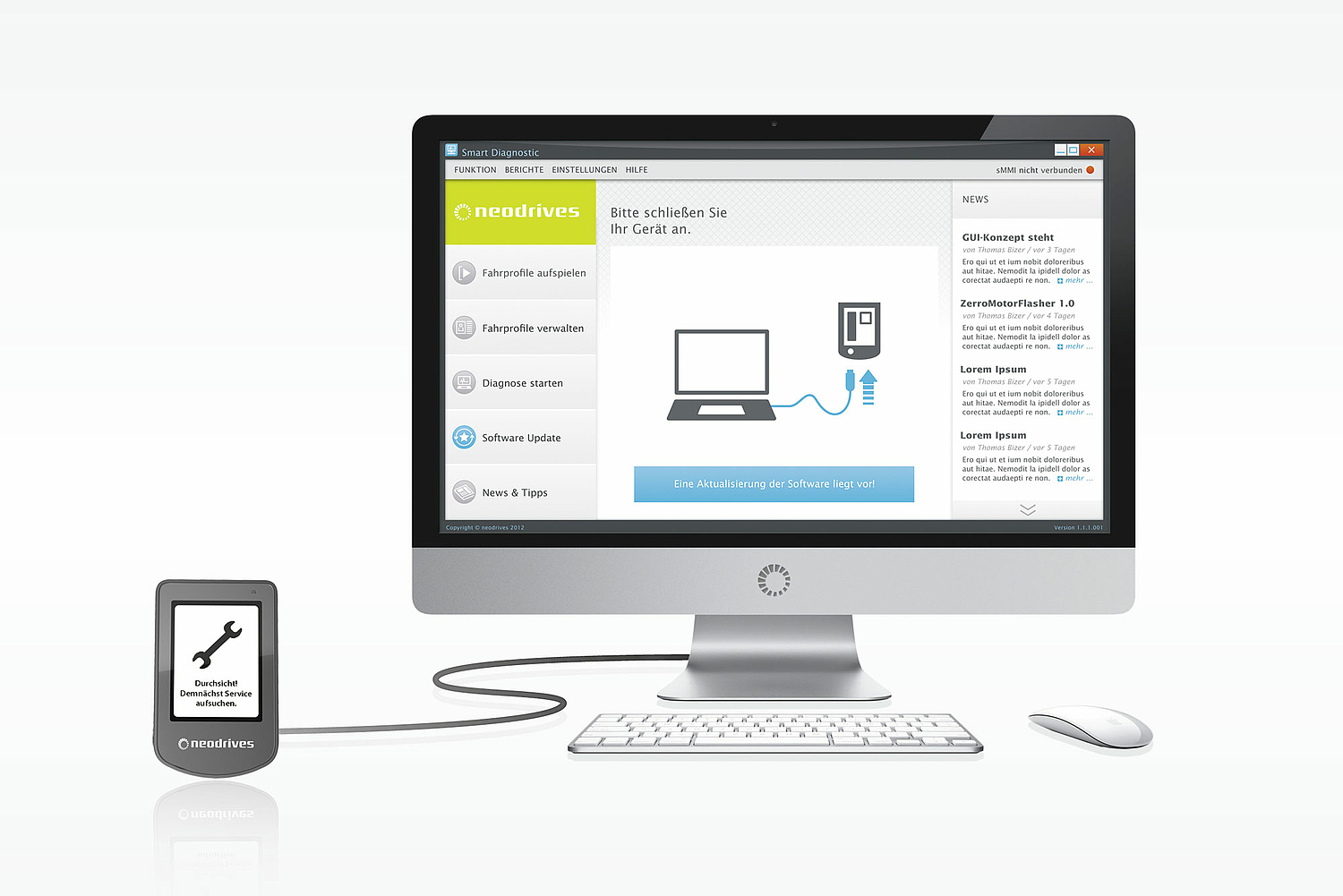 Konzept, Entwicklung, Design – GUI und Service-Software Das Bild zeigt eine Bildschirm-Ansicht der Service-Software für Neodrives (für alber, 2012) (© Papenfuss | Atelier)
