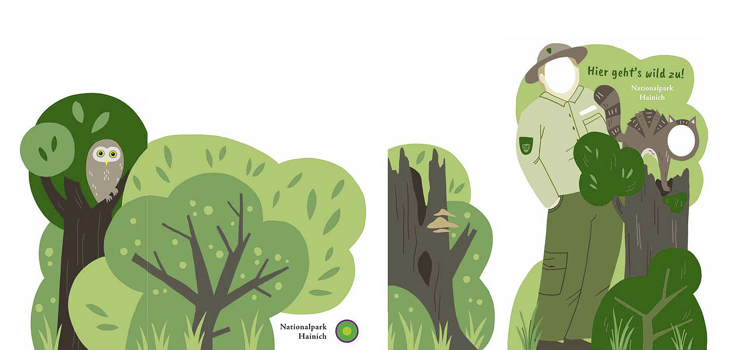 Mobiler Messestand Nationalpark Hainich Beratungstresen und Selfiewolf Illustrationen zu den Modulwänden des Beratungstresen und des Rangers, welche als Vorlage für die Handbemalung der einzelnen Bauteile dienten
(© Papenfuss | Atelier)