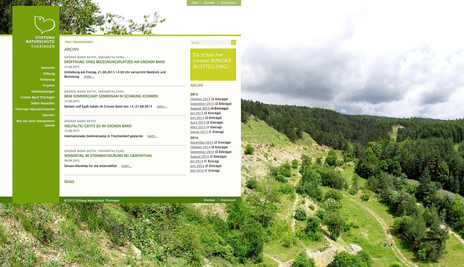 Ausschnitt Website Stiftung Naturschutz Thüringen Das Bild zeigt einen Ausschnitt der Website zu den Veranstaltungen (für Stiftung Naturschutz Thüringen, 2015). (© Papenfuss | Atelier)