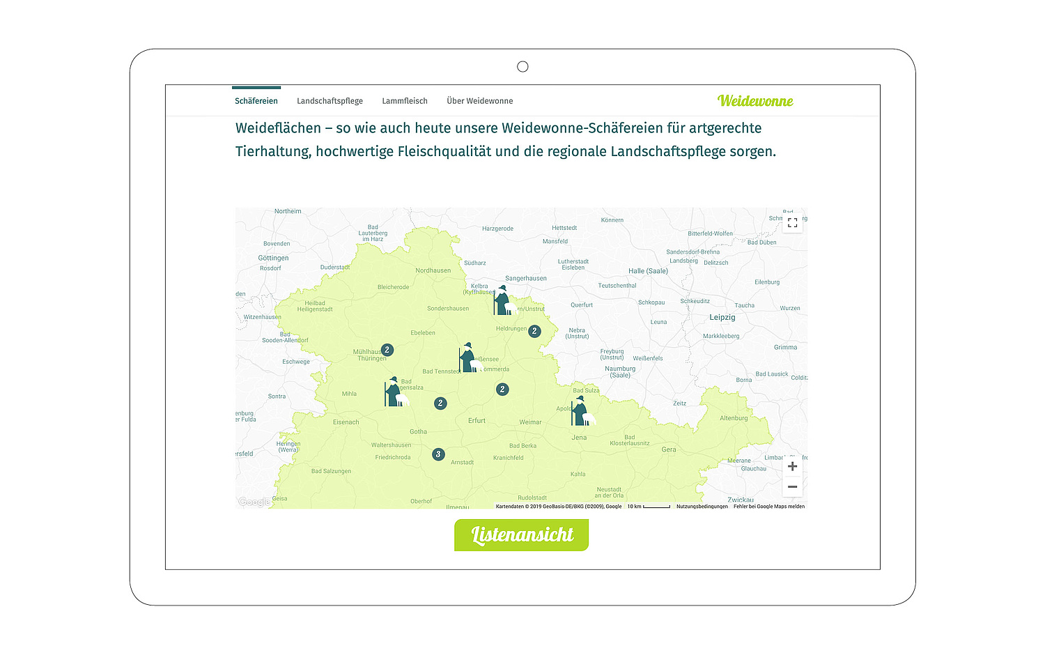 Webdesign Webentwicklung Naturstiftung David Google-Karten Die eingebetteten Google-Karten sind im Erscheinungsbild des Projekts gehalten. Die Marker wurden speziell für die Kartenansichten des Projekts entwickelt. (© Papenfuss | Atelier)