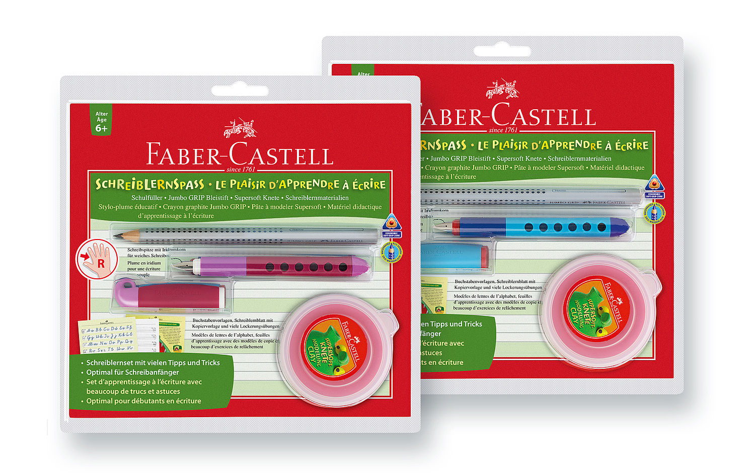 Das Bild zeigt das Scribolino Produktset bestehend aus Schulfüller und Schreiblernspass (für Faber-Castell, 2008).  (© Papenfuss | Atelier)