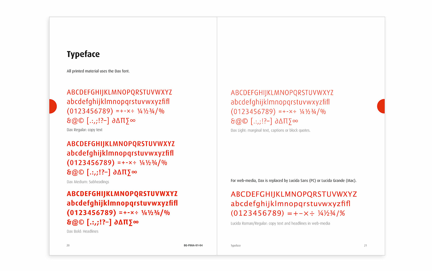 Das Bild zeigt Seiten zur Verwendung des Fonts "Dax" aus dem Design-Manual für das Coporate Design von Pima (für Alere, 2009). (© Papenfuss | Atelier)