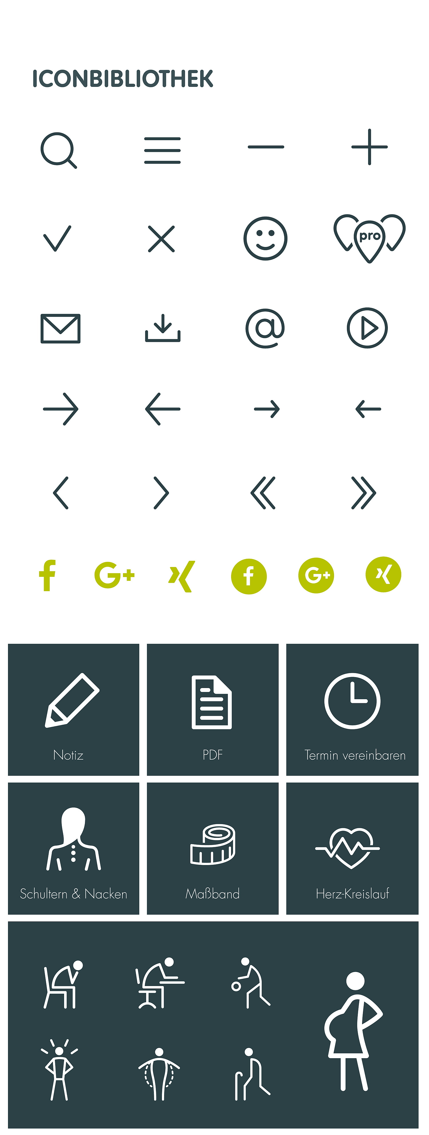 Iconbibliothek mit den Standardicons für die Website sowie Icons für einzelne Aktionen und Zielgruppen, wie z.B. Krafttraining für Schwangere und sitzende und stehende Berufe (© Papenfuss | Atelier)