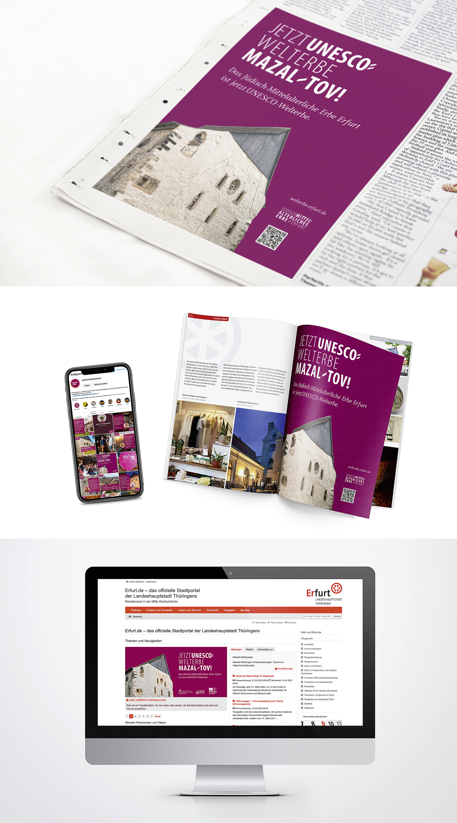 Kampagne Mazal Tov Erfurt UNESCO Welterbe Anzeigen Das Bild zeigt eine Zeitung und ein Magazin, welches das Kampagnenmotiv abgedruckt hatten sowie die Website der Stadt Erfurt mit den Kampagnenmotiv in der Slidebar auf der Startseite. (© Papenfuss | Atelier)