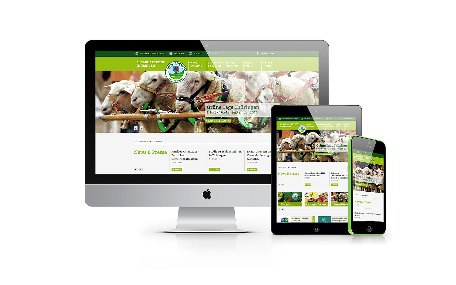 Das Bild zeigt drei Responsive-Bildschirmansichten der Startseite www.agrarmarketing-thueringen.de (für Thüringer Agrarmarketing, 2015) (© Papenfuss | Atelier)