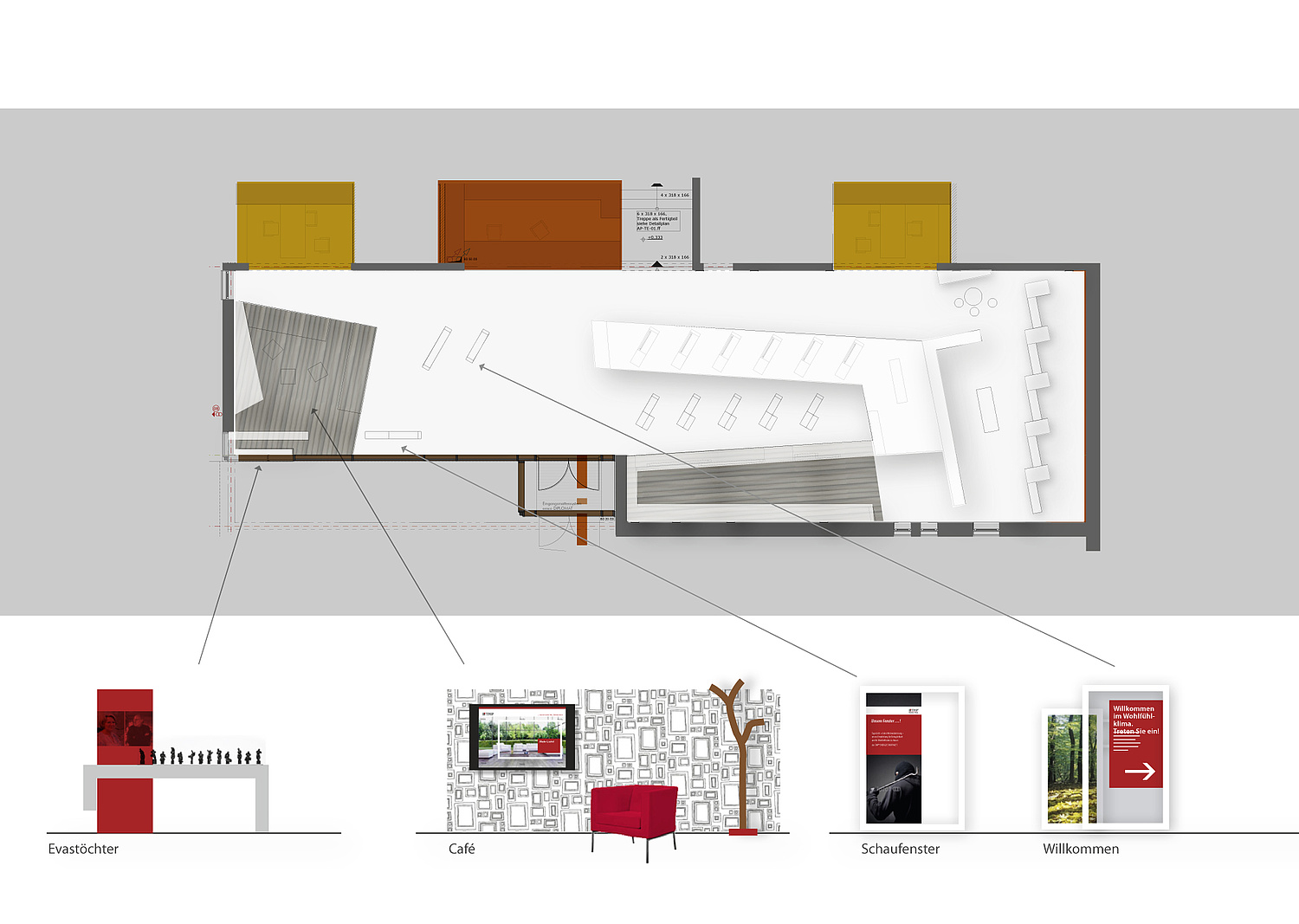 Grundriss Innenarchitektur Ausstellung TMP Raumaufteilung Die Aufsicht auf die Ausstellungsflächen zeigt die verschiedenen Raumbereiche – die Schautafeln, Exponate, wie auch das Café. (© Papenfuss | Atelier)