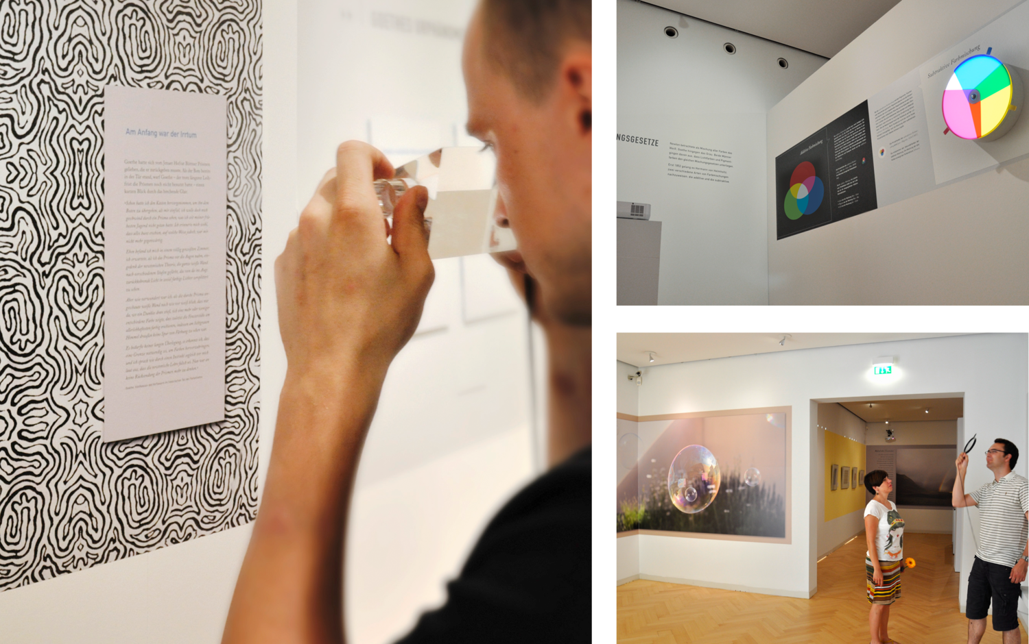 3 Raumansichten aus der Ausstellung mit Beispielen der Experimente (© Papenfuss | Atelier)