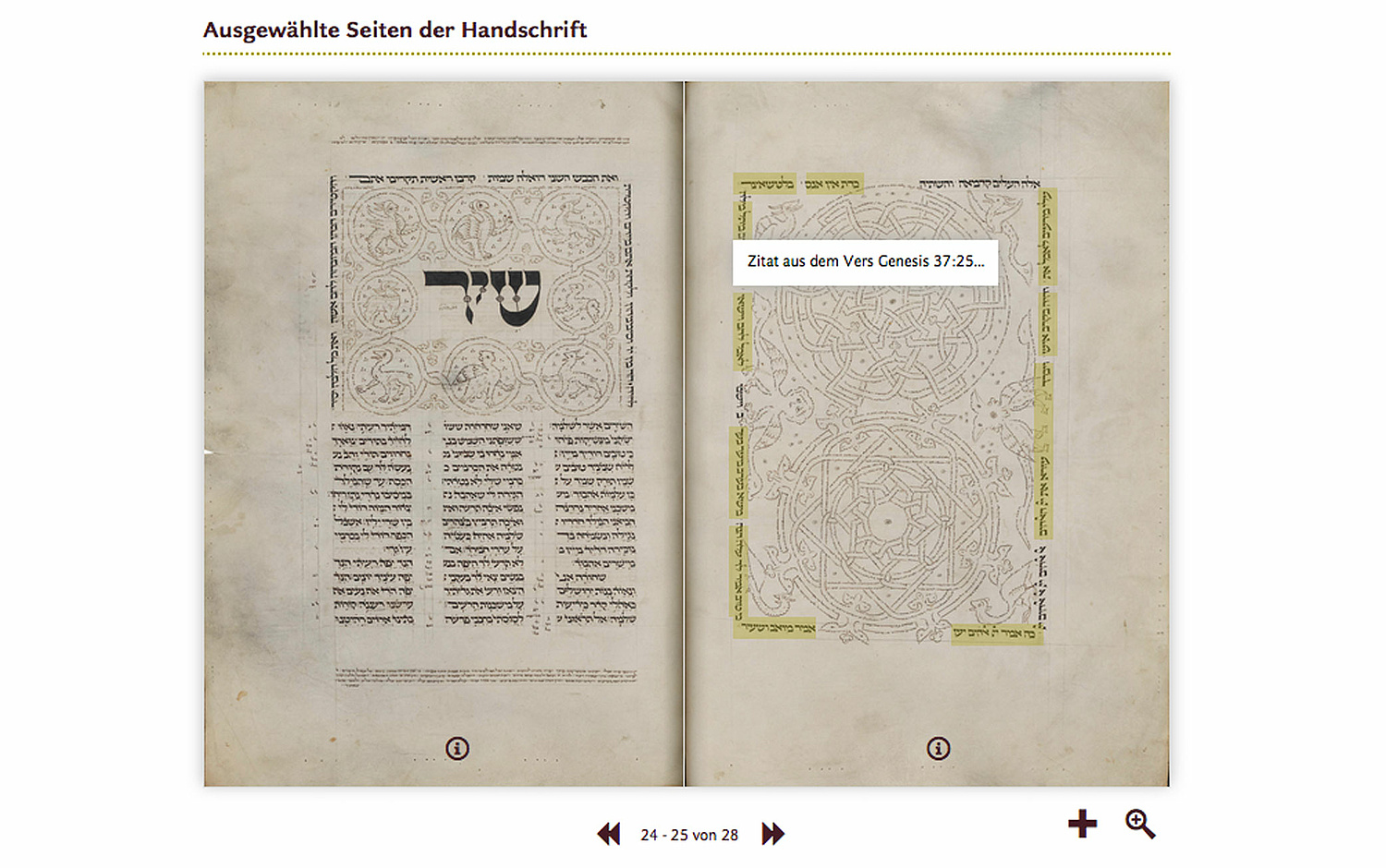 Das Bild zeigt einen Ausschnitt der Webseite, auf der 2 Seiten einer Hebräischen Handschrift innerhalb eines Blättermoduls zu sehen sind. Einige Textstellen sind markiert und verweisen auf mehr Informationen. (für Netzwerk Jüdisches Leben) (© Papenfuss | Atelier)