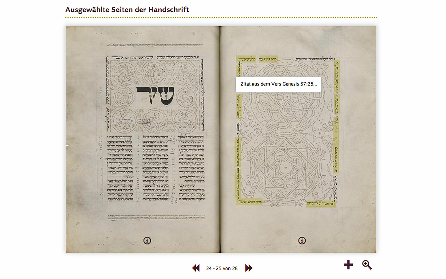 Hebräische Handschrift Das Bild zeigt einen Ausschnitt der Webseite, auf der 2 Seiten einer Hebräischen Handschrift innerhalb eines Blättermoduls zu sehen sind. Einige Textstellen sind markiert und verweisen auf mehr Informationen. (für Netzwerk Jüdisches Leben) (© Papenfuss | Atelier)