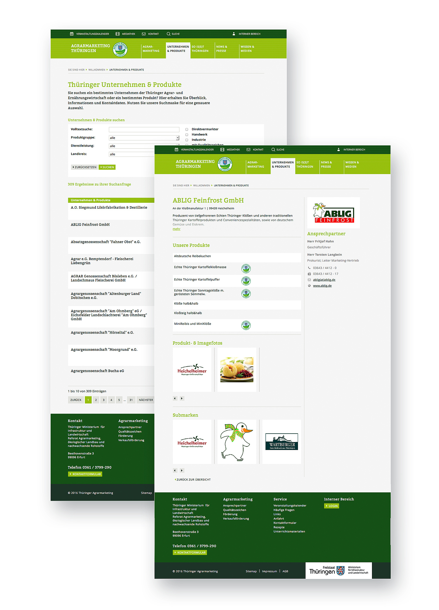 Das Bild zeigt Übersichts- und Einzelseite zur Darstellung der teilnehmenden Unternehmen (für Thüringer Agrarmarketing, 2015) (© Papenfuss | Atelier)