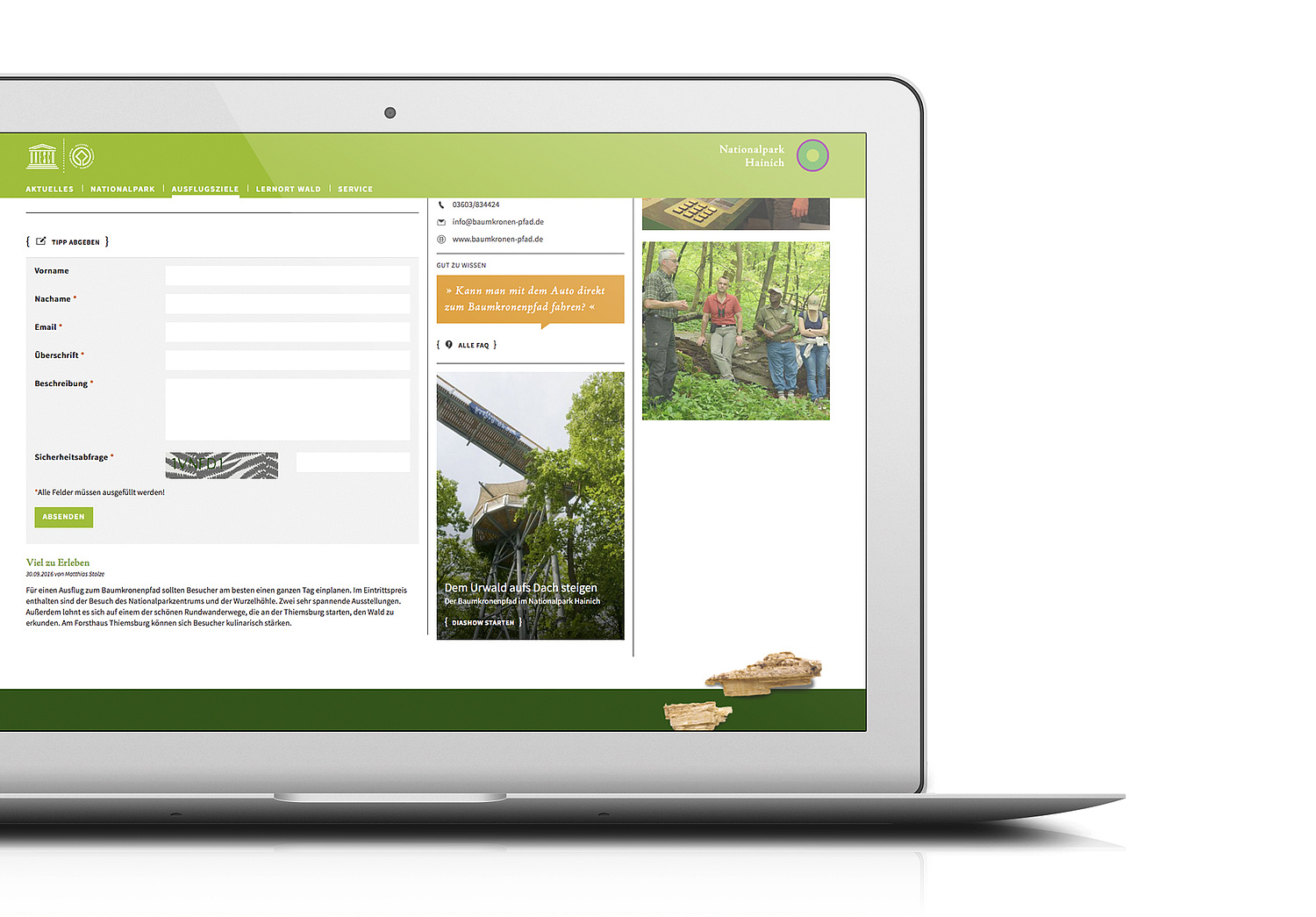 Zusatzmodul Insidertipps – Webdesign & Webentwicklung Nationalpark Hainich Desktopansicht der Website zum Nationalpark Hainich mit dem Formular für das Abgeben von Insidertipps (© Papenfuss | Atelier)