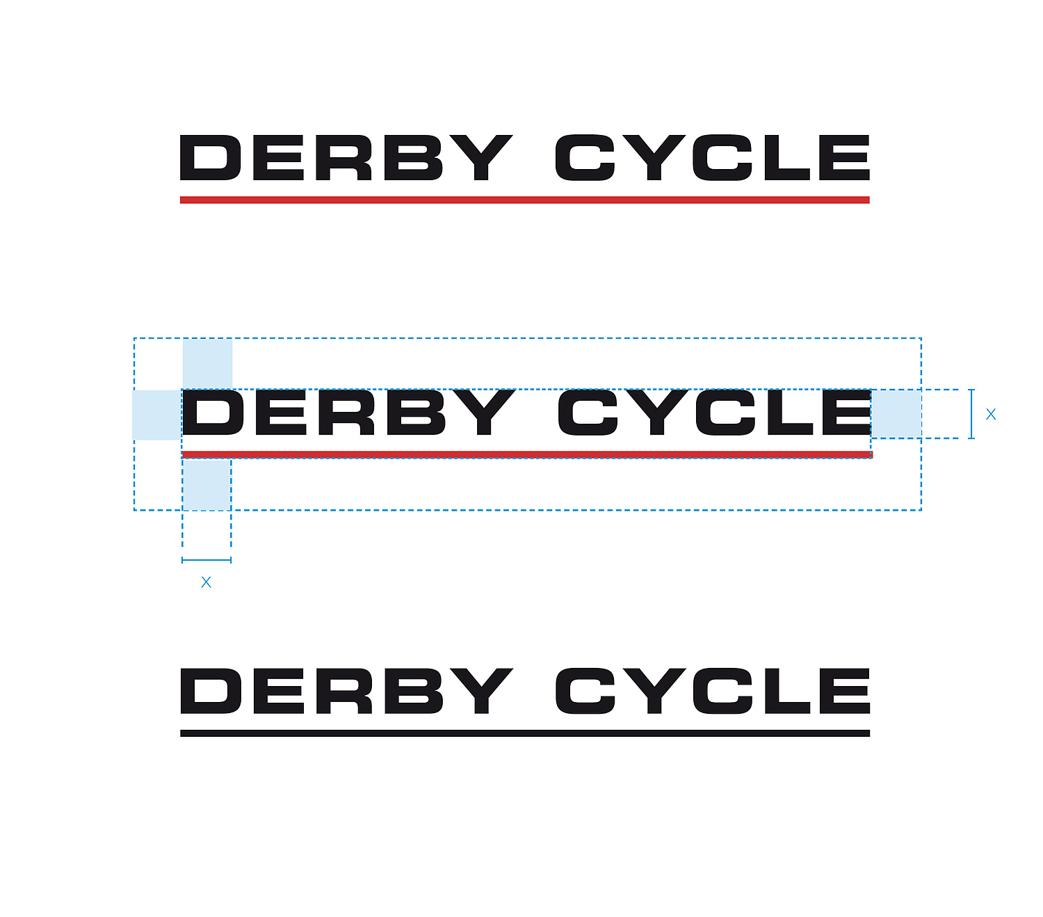 Das Bild zeigt das Logo der Firma Derby Cycle in verschiedenen Farben und mit Schutzzonen. (für Derby Cycle Werke, 2010) (© Papenfuss | Atelier)