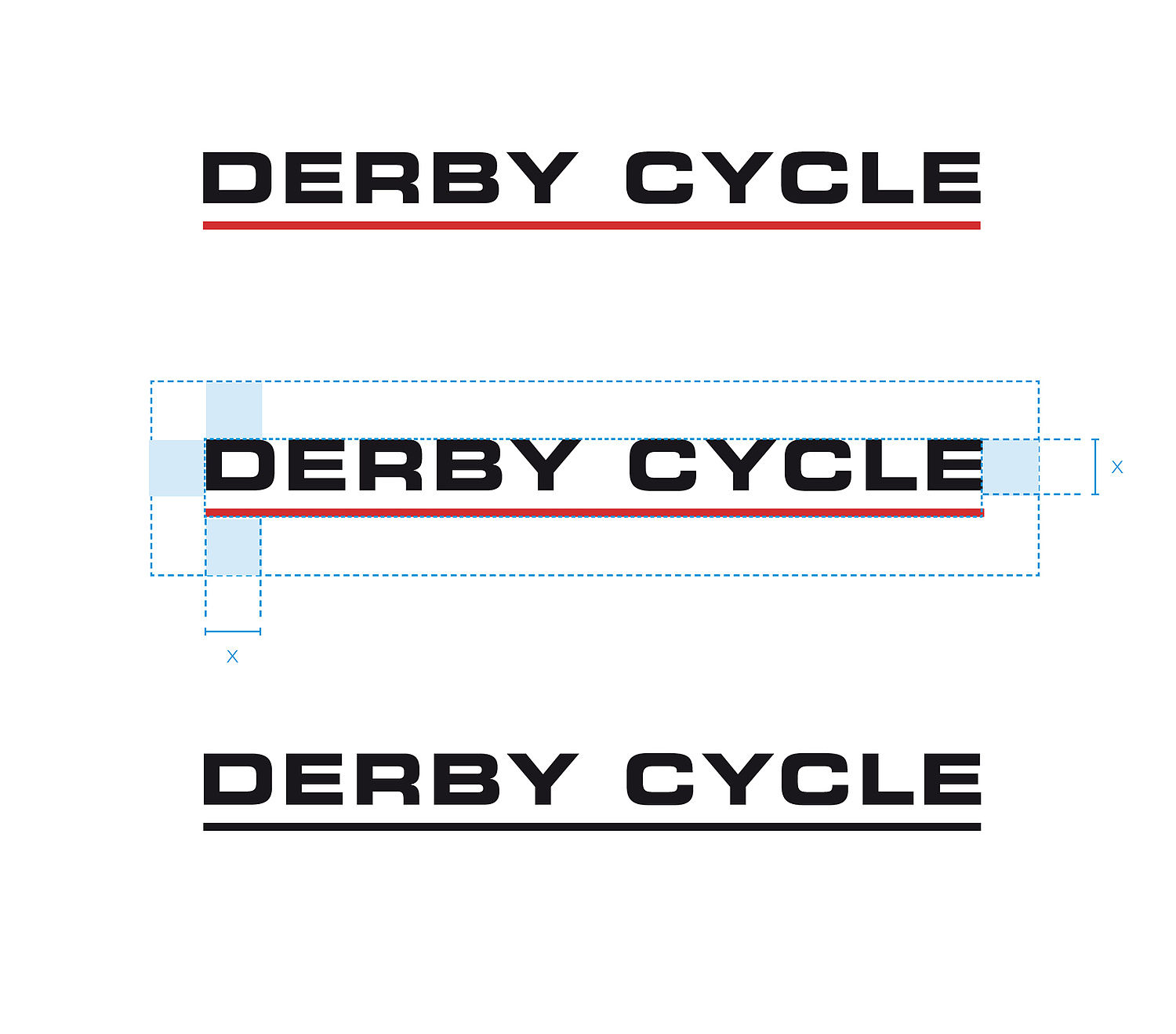 Logoüberarbeitung Derby Cycle Das Bild zeigt das Logo der Firma Derby Cycle in verschiedenen Farben und mit Schutzzonen. (für Derby Cycle Werke, 2010) (© Papenfuss | Atelier)