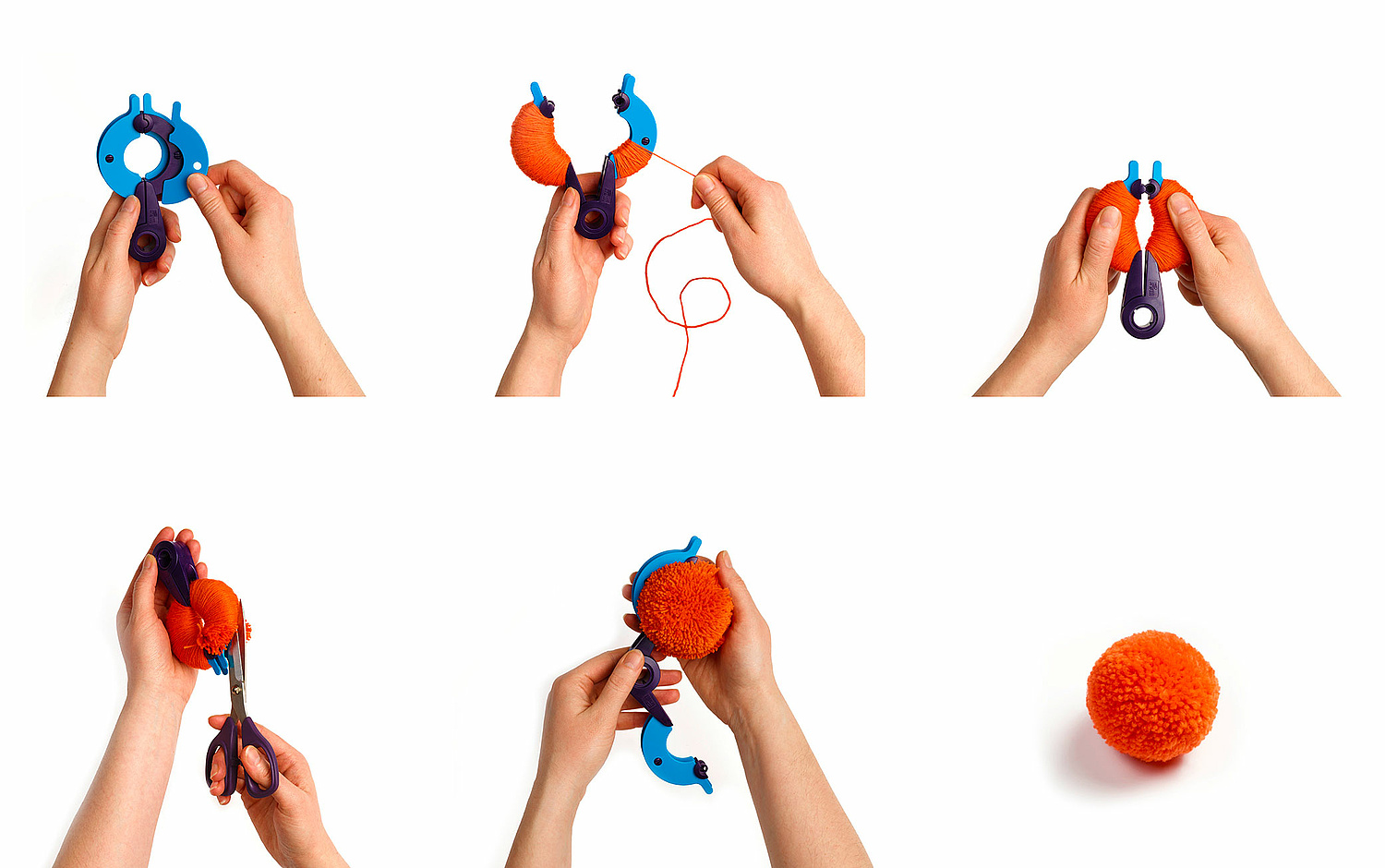 Prym Pompon-Maker 2 in 1 Die durchdachte Produktgestaltung mit komfortablem Griff, sich öffnende Pomponscheibe und großzügigem Einfädelloch für den Haltefaden, lassen alle Schritte des Pomponwickelns leicht von der Hand gehen. (© Papenfuss | Atelier)