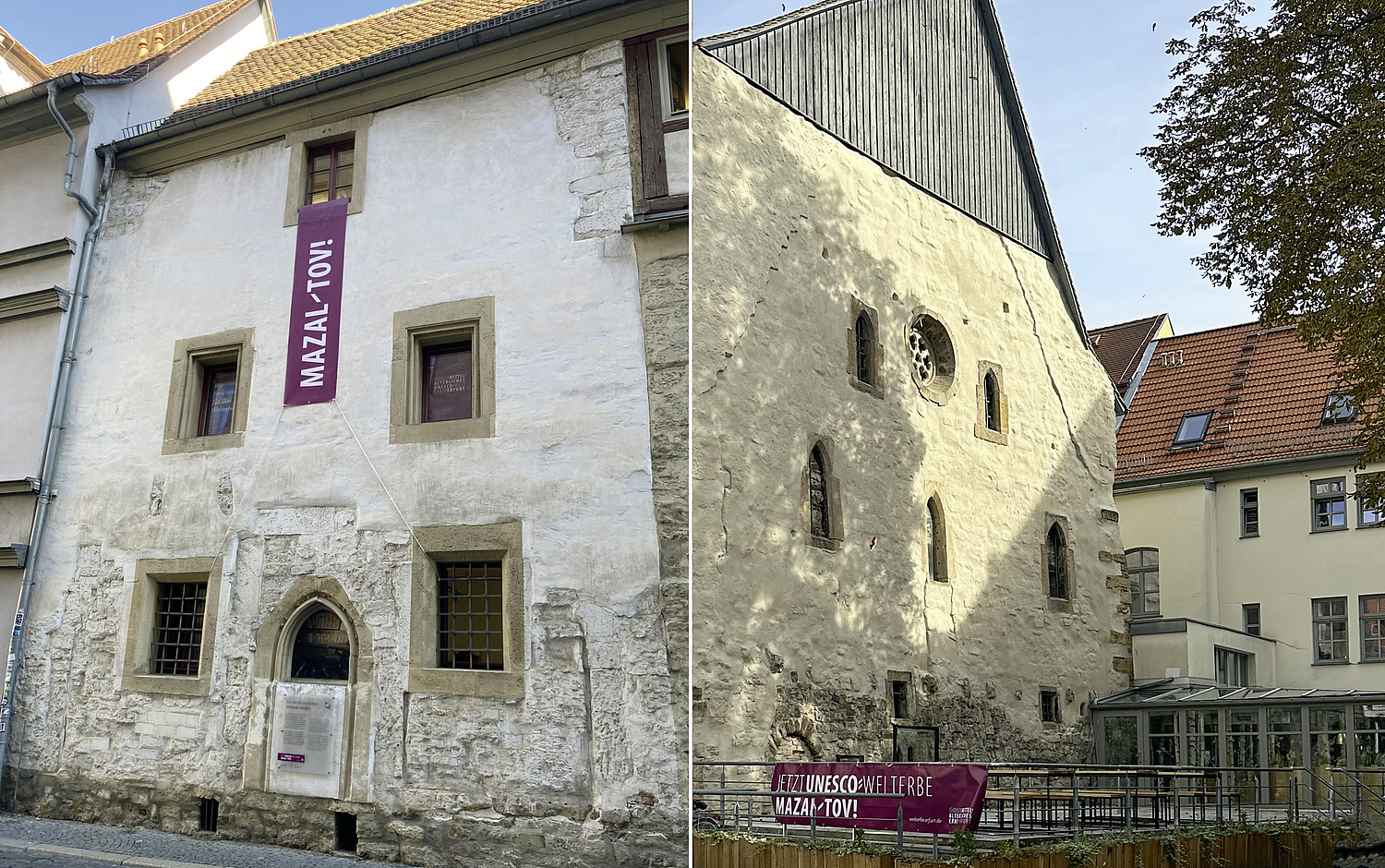 Kampagne Mazal Tov Erfurt UNESCO Welterbe Banner Objekte Das Bild zeigt die Umsetzung des Kampagnenmotivs als Banner, die an den Objekten des Welterbes, z.B. dem Steinernen Haus oder der Alten Synagoge aufgehängt wurden. (© Papenfuss | Atelier)