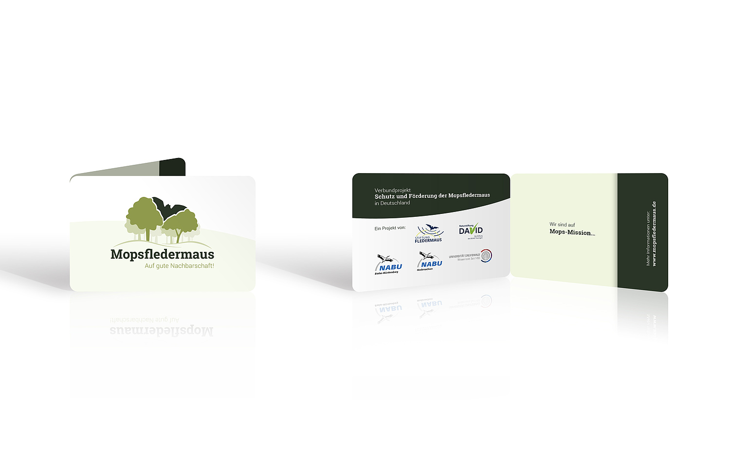 Corporate Design Visitenkarten Mopsfledermaus Visitenkarten Add-On: Die einzelnen Ansprechpartner im Verbundprojekt können ihre Visitenkarten in das Booklet zur Mopsfledermaus einlegen. So können sie gemeinsam im Rahmen des Verbundprojektes auftreten. (© Papenfuss | Atelier)