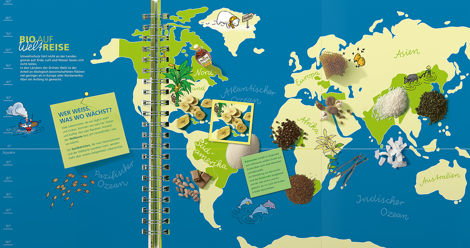 Das Bild zeigt die Weltkarte "Bio auf Weltreise" aus dem Kinder-Kochbuch "So schmeckt mir das" (für Alnatura und Dumont, 2011) (© Papenfuss | Atelier)