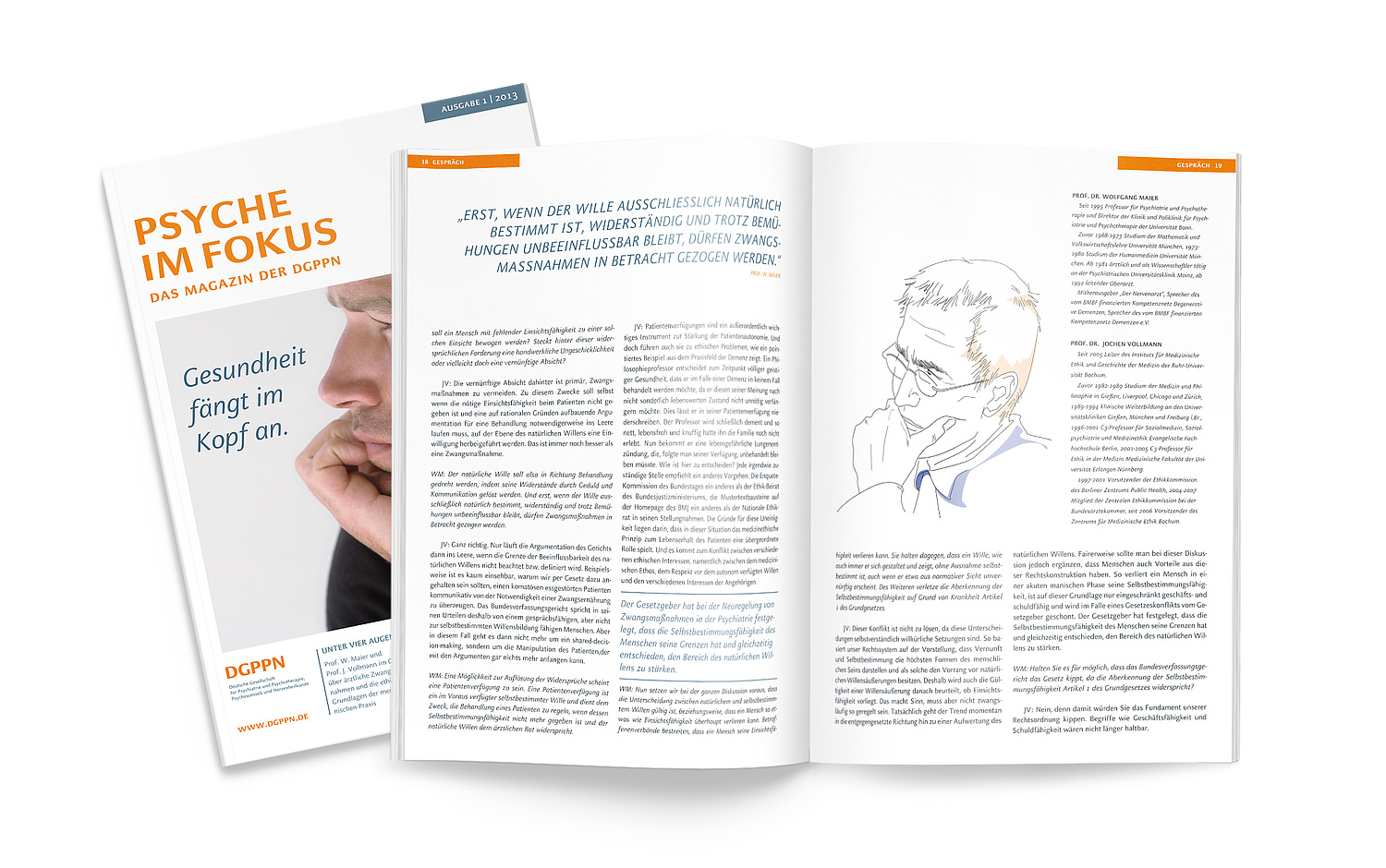 Das Bild zeigt das Titelcover und eine Doppelseite für das Magazin der DGPPN, "Psyche im Focus" (für die Deutsche Gesellschaft für Psychiatrie und Psychotherapie, Psychosomatik und Nervenheilkunde (DGPPN), 2013) (© Papenfuss | Atelier)