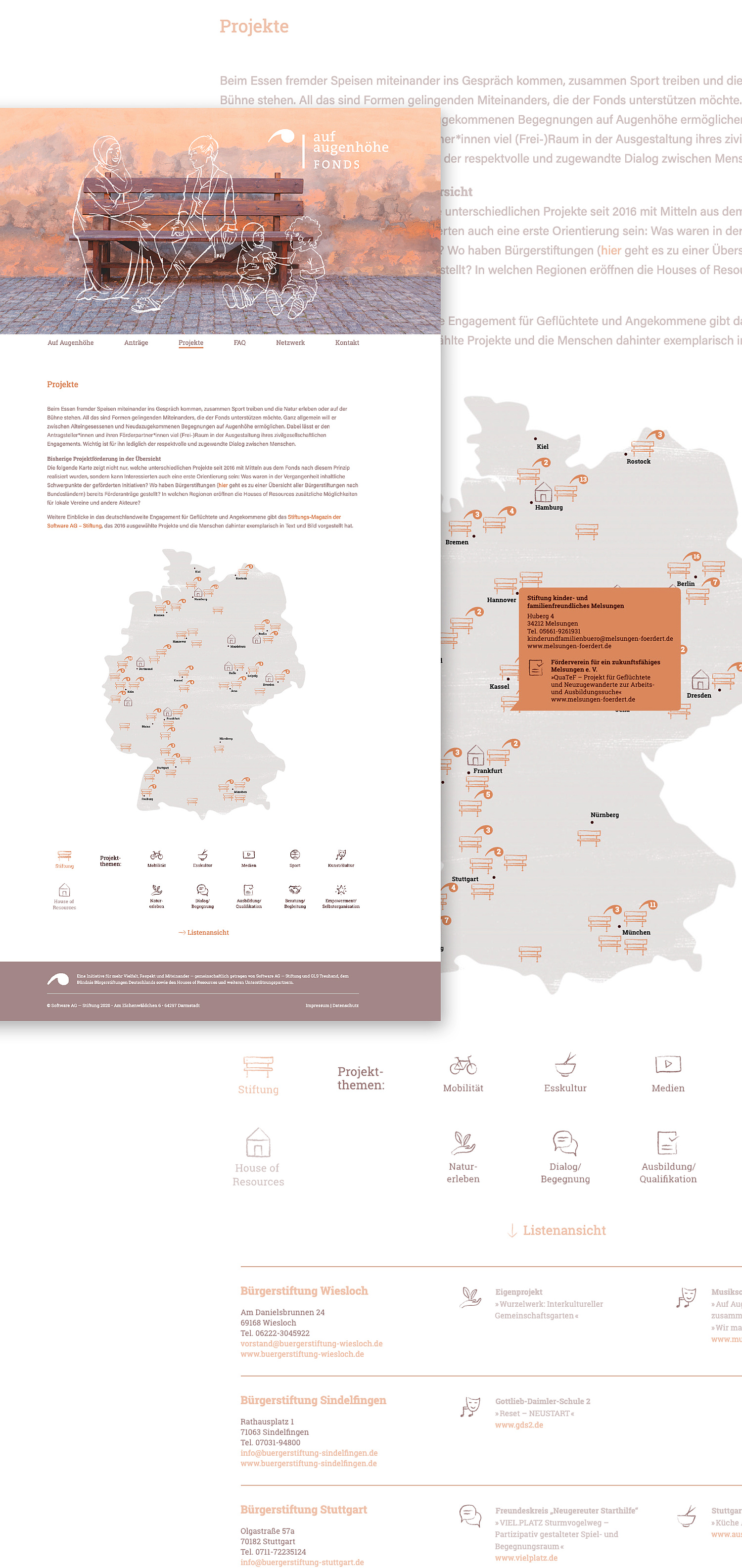 Eine Deutschlandkarte zeigt alle bisher geförderten Projekten mit einem Steckbrief zu den Bürgerstiftungen. Optional kann der Nutzer in einer Listenansicht wechseln.   
 (© Papenfuss | Atelier)