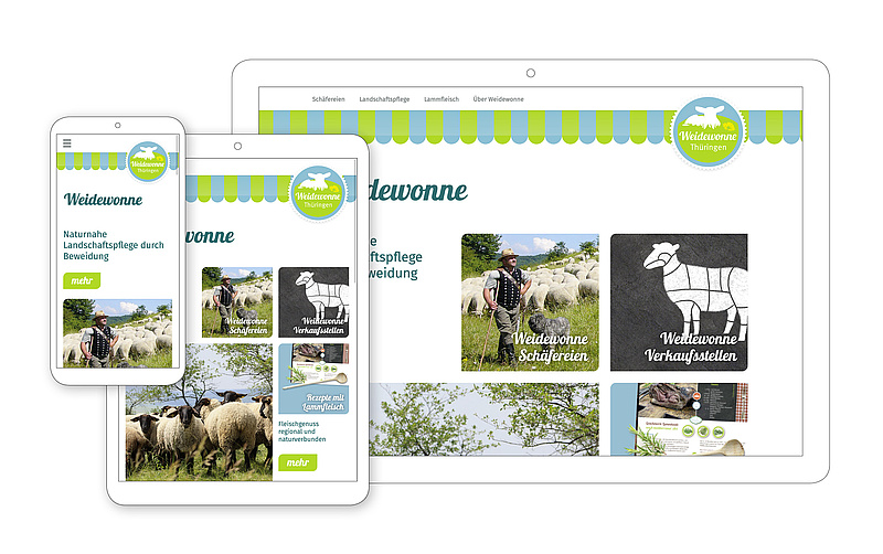 Das Foto zeigt die Startseite der Weidewonne-Website in den Anwendungen Desktop, Tablet und Smartphone.