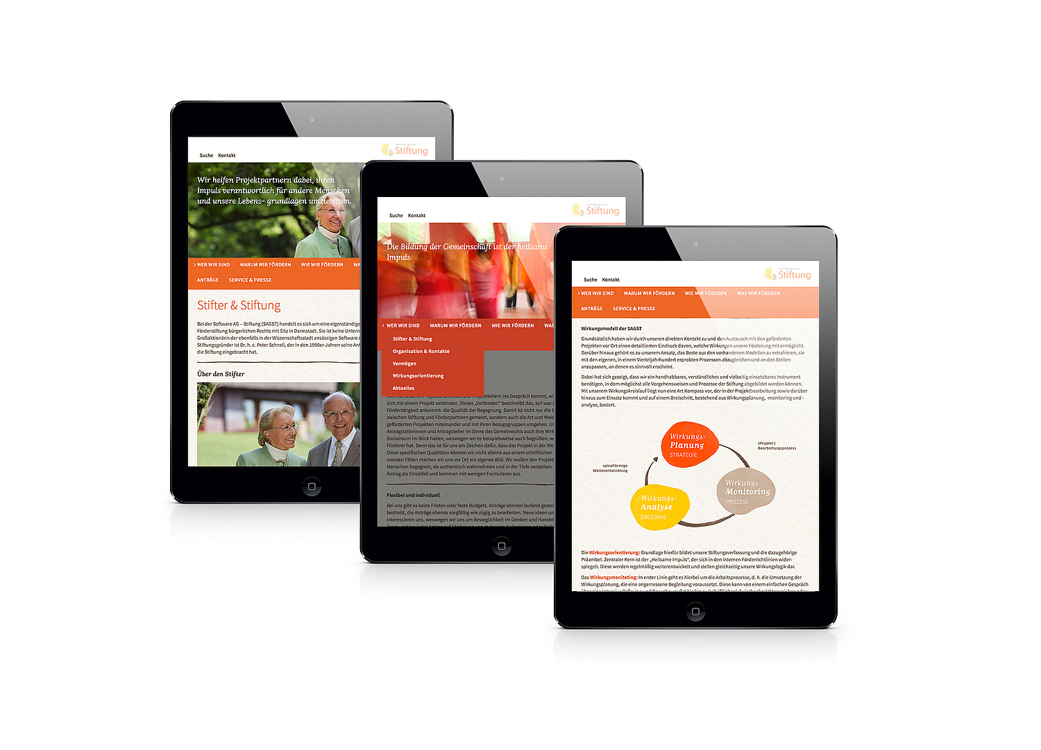 Webdesign Webentwicklung Software AG –Stiftung– Navigation Ansichten der Navigation und verschiedener Unterseiten auf dem Tablet (© Papenfuss | Atelier)