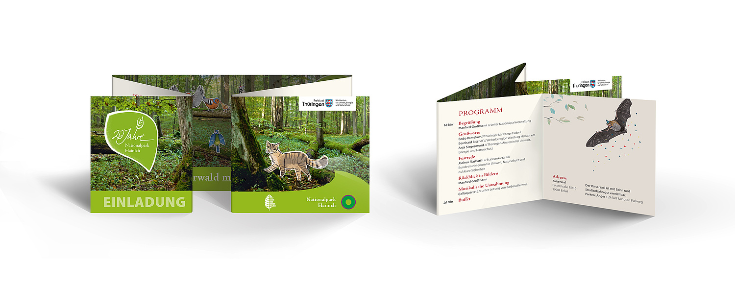 Kampagne 20 Jahre Nationalpark Hainich Einladungskarte Das Bild zeigt die Titelansicht der Einladungskarte sowie die Innenansichten. (© Papenfuss | Atelier)