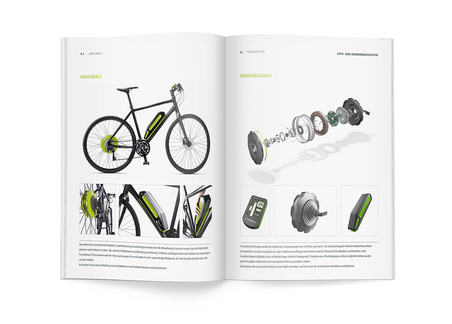 Corporate Design Manual – Bildstilistik Doppelseitenansicht aus dem Corporate-Design-Manual für die Marke Neodrives: Beispiele für den Einsatz von Fotos in werblichen Zusammenhängen und Renderings bei sachlichen Darstellungen (© Papenfuss | Atelier)