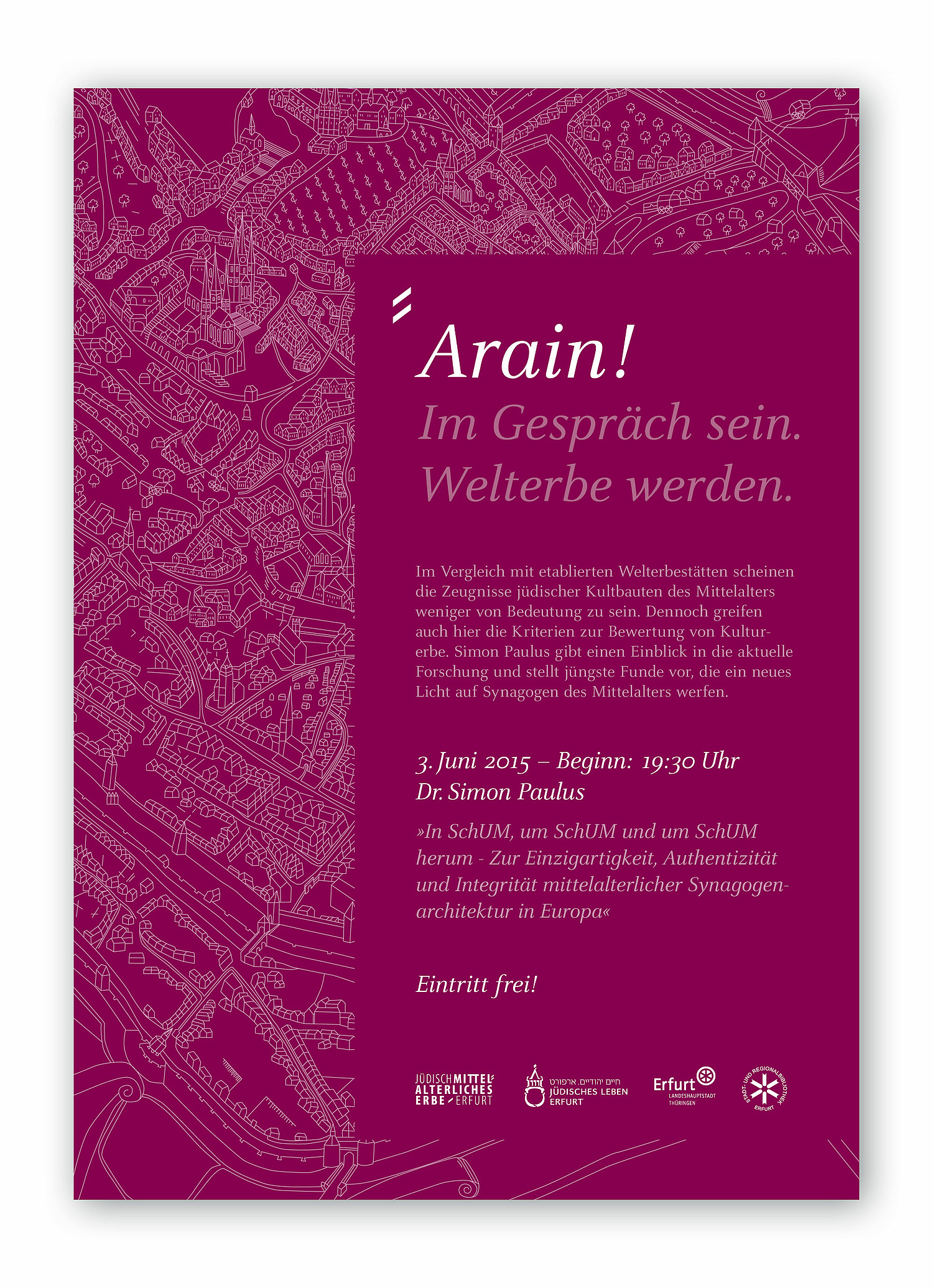 Plakat Arain Das Bild zeigt das Plakat zur Vortragsreihe Arain. (für Netzwerk Jüdisches Leben Erfurt) (© Papenfuss | Atelier)