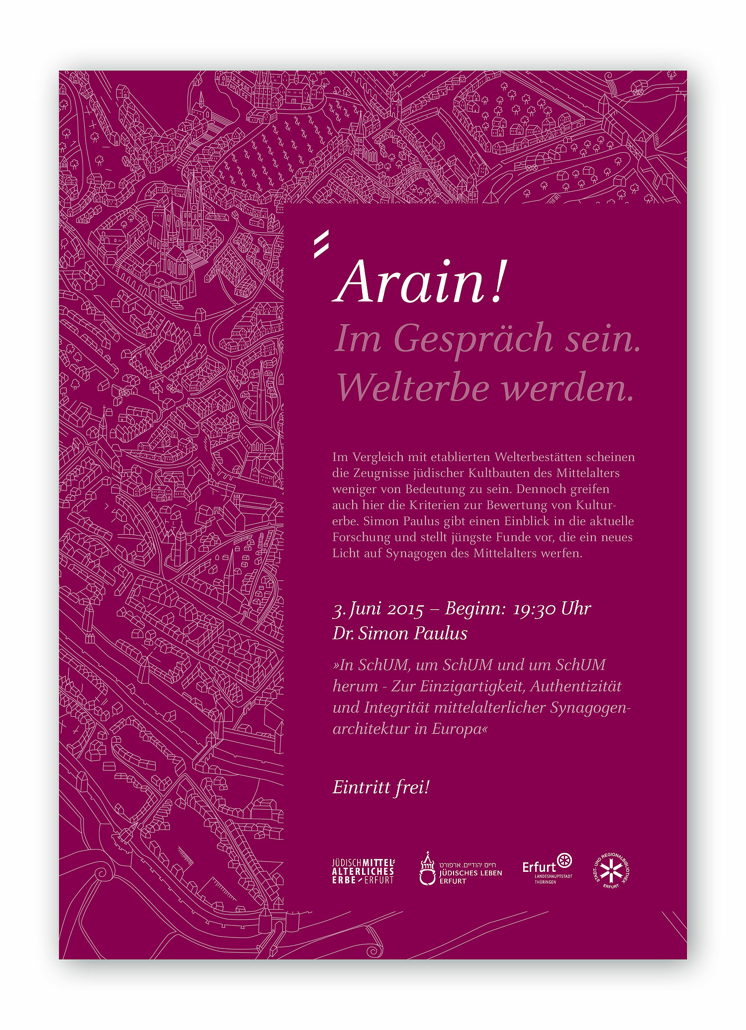 Das Bild zeigt das Plakat zur Vortragsreihe Arain. (für Netzwerk Jüdisches Leben Erfurt) (© Papenfuss | Atelier)