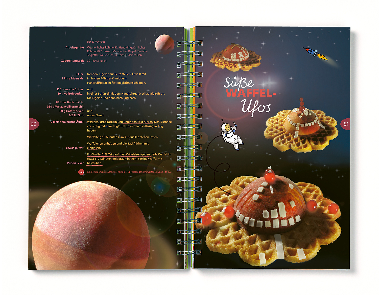 Das Foto zeigt die Doppelseite "Süße Waffel-Ufos" aus dem Kinder-Kochbuch "So schmeckt mir das" (für Alnatura und Dumont, 2011) (© Papenfuss | Atelier)