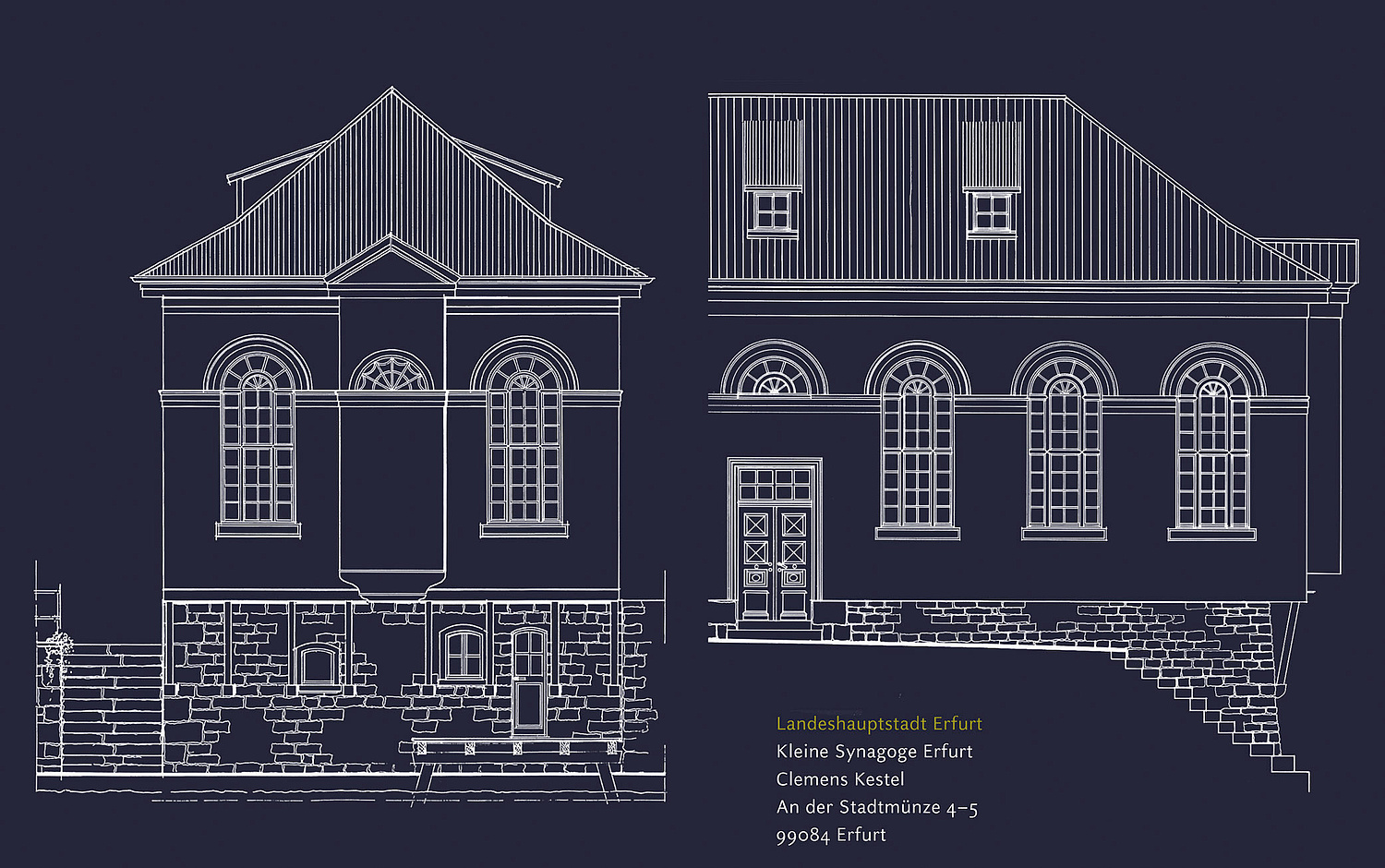Die Grafik zeigt eine Illustration der Kleinen Synagoge Erfurt. (für das Netzwerk Jüdisches Leben)  (© Papenfuss | Atelier)