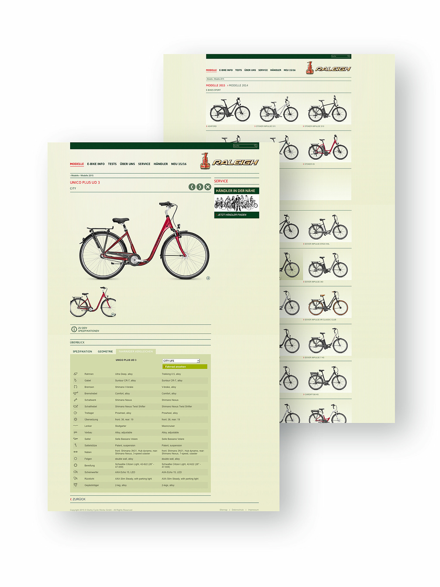 Modellübersicht mit Radansicht Raleigh-Markenwebseite Das Bild zeigt die Modellübersicht und Radansicht der Raleigh-Markenwebseite. (für Derby Cyle Werke) (© Papenfuss | Atelier)